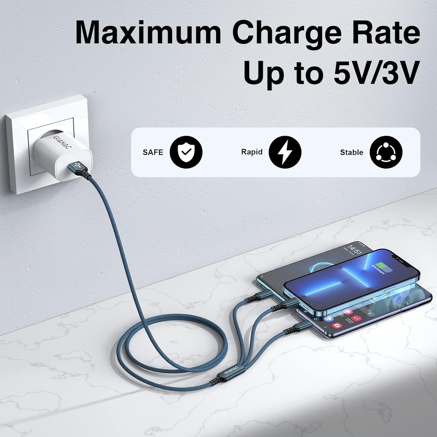 Detalle 2 de Multi Charger Cable 1.2m 3‑in‑1 cable for phones