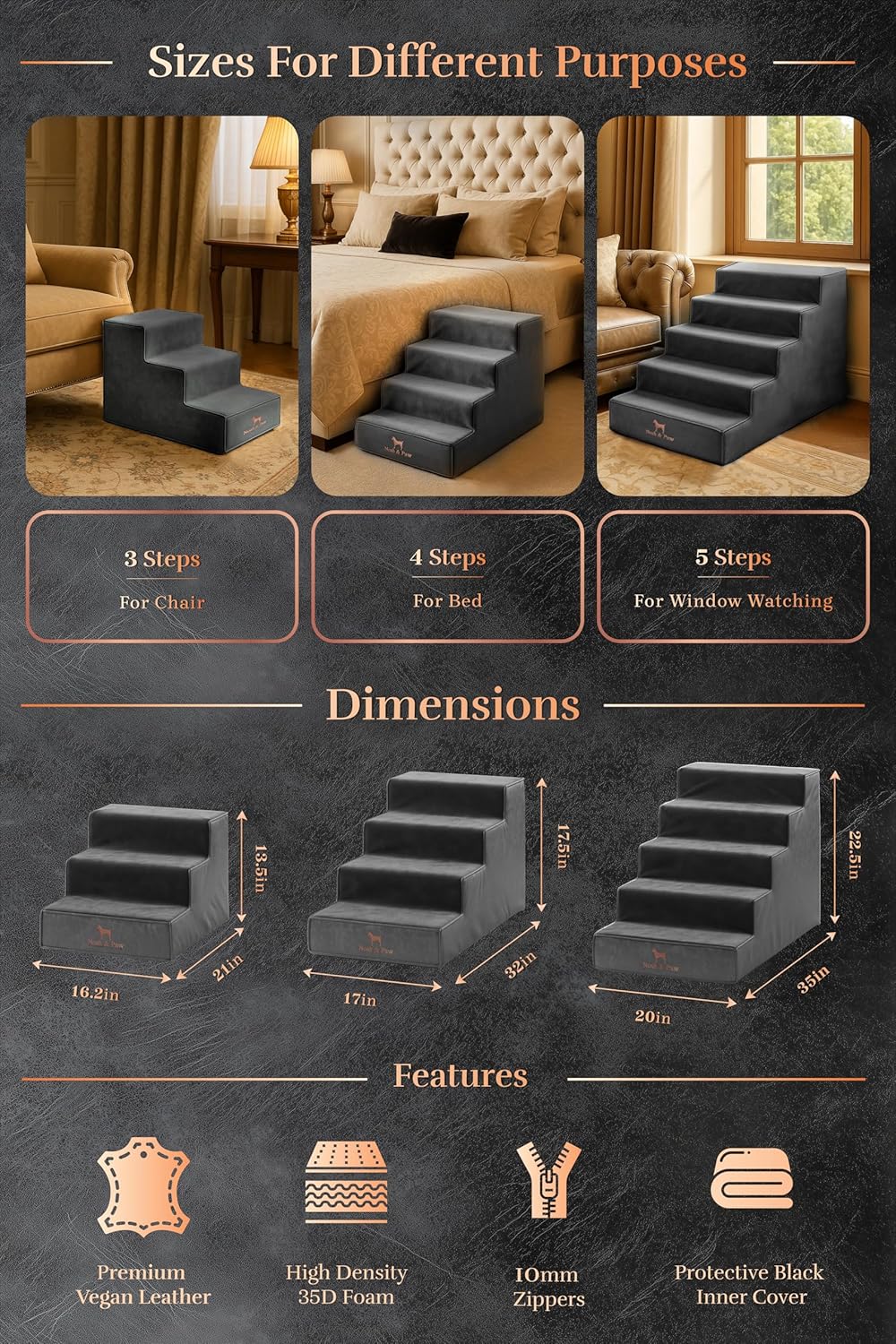 Thumbnail 3 de Noah & Paw Dog Stairs (16" Extra Wide) Leather Collection – Durable 3-Step Ramp for High Beds