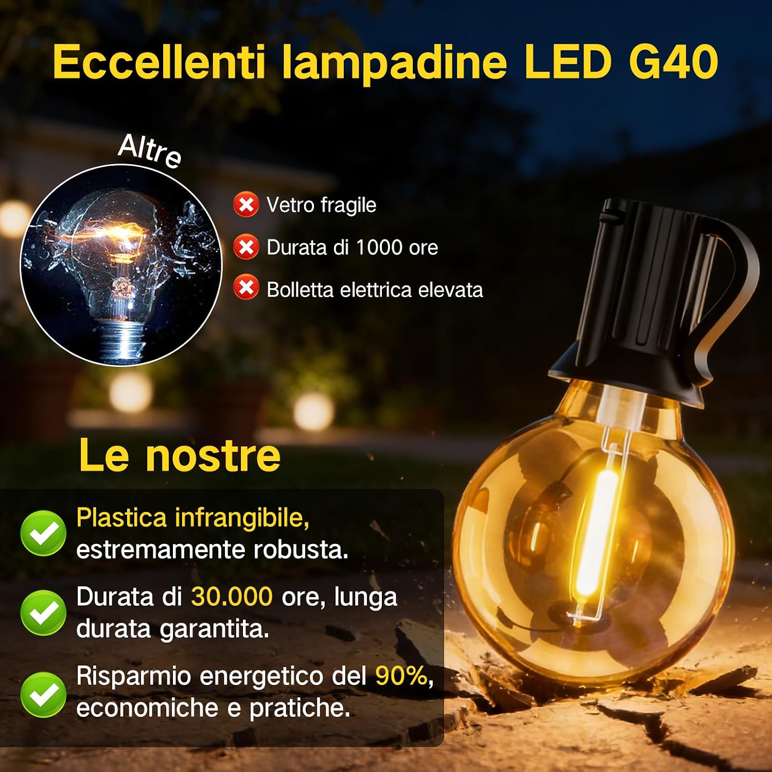 Thumbnail 6 de Catena Luminosa Esterno 30M IP65 con Luci LED G40 Dimmerabili e Telecomando – Giardino, Terrazze e Festività