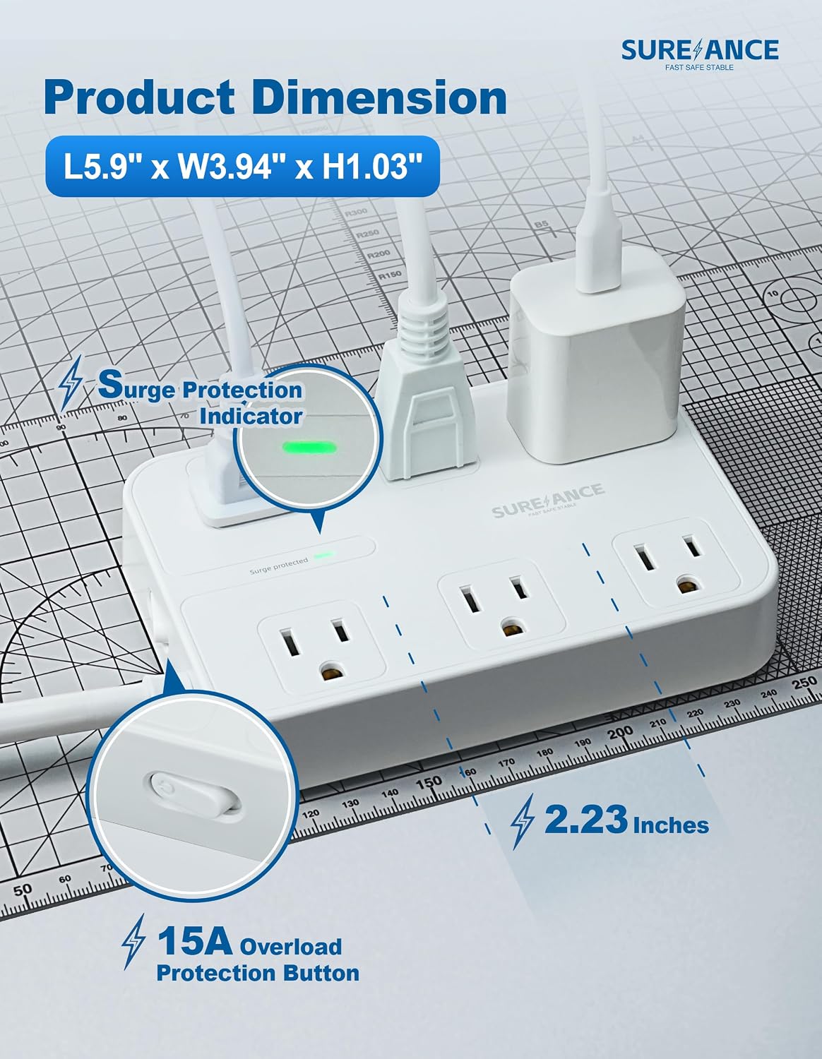 Detalle 2 de SUREANCE 6-Outlet Power Strip with USB-C, 1050J ๐