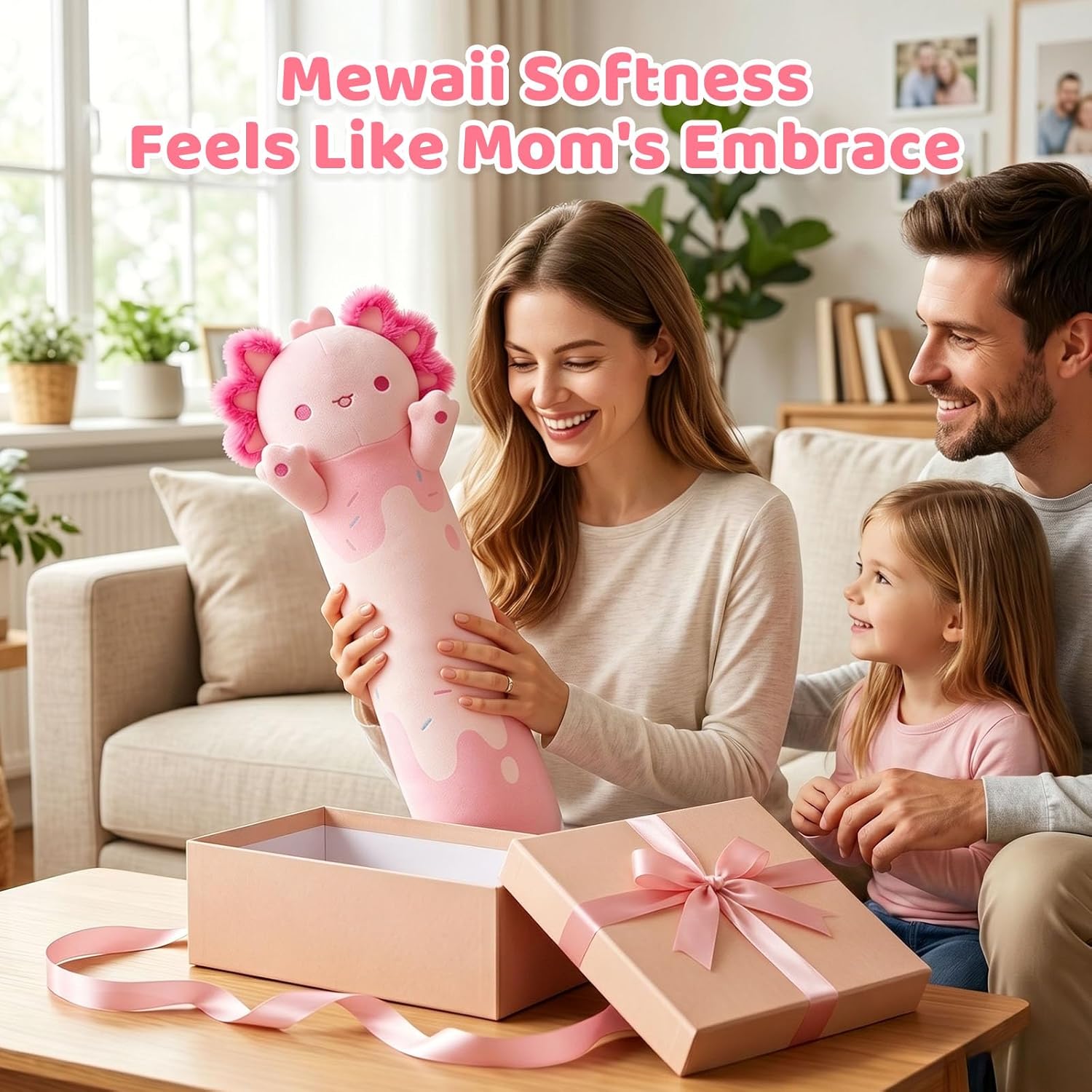 Thumbnail 3 de Mewaii Long Axolotl Plush – 5 Sizes, 120% Extra Filling Giant Body Pillow for Kids, Pink Kawaii Axolotl Stuffed Animal