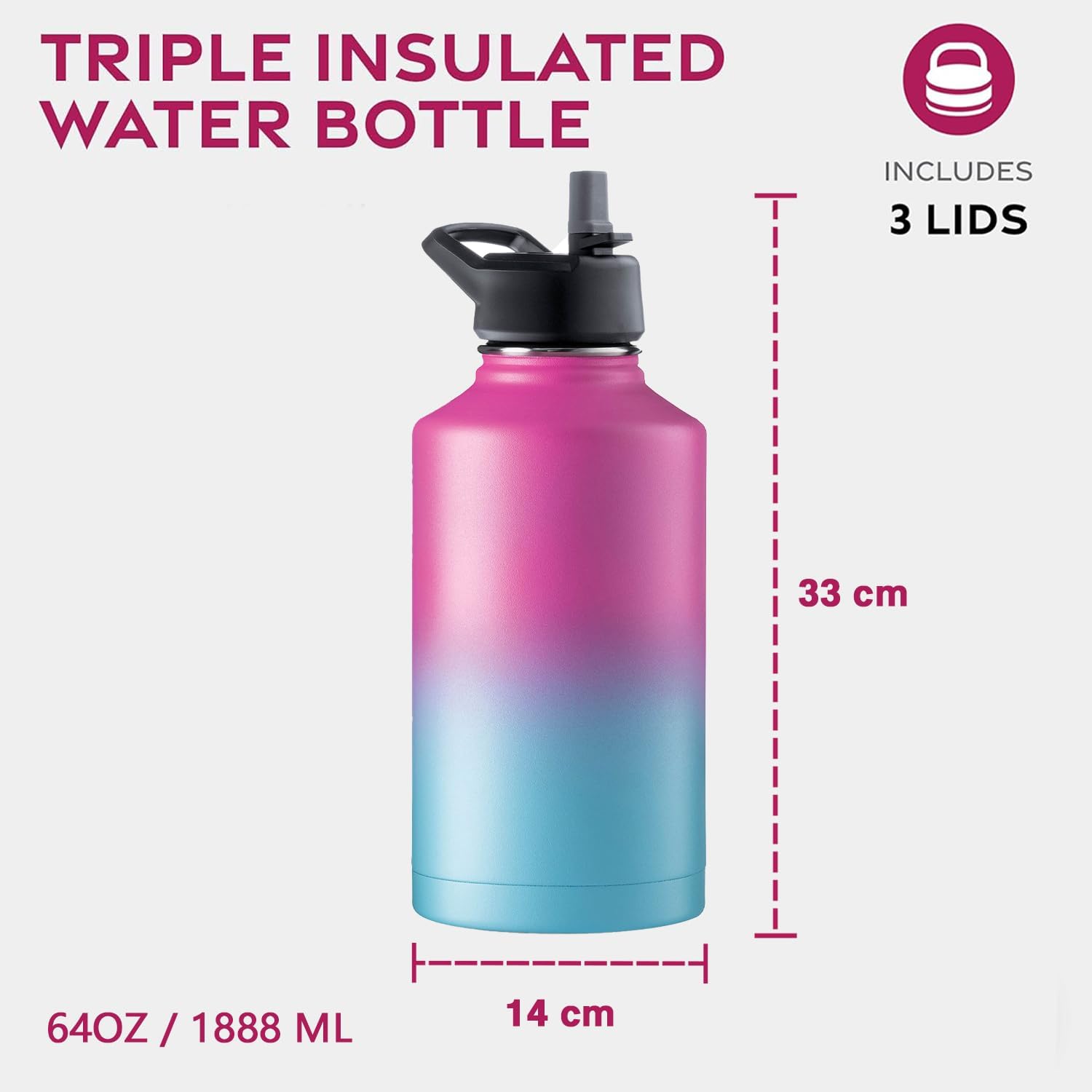 Thumbnail 1 de Triple-Walled Insulated Stainless Steel Water Bottle with Straw (1888ml) and 3 Leak-Proof Lids – Pacific Blue Rose Blend