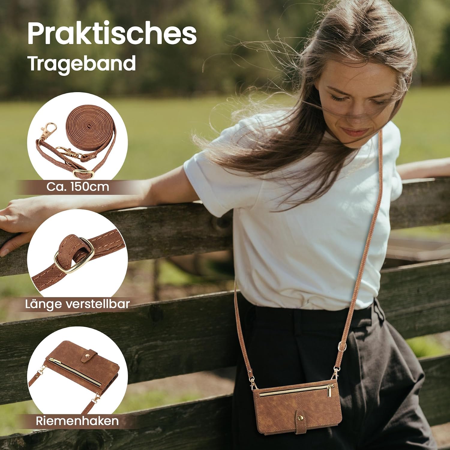 Detalle de ZCDAYE Wallet Phone Case for iPhone 17 (6.3”) with Lanyard – Brown