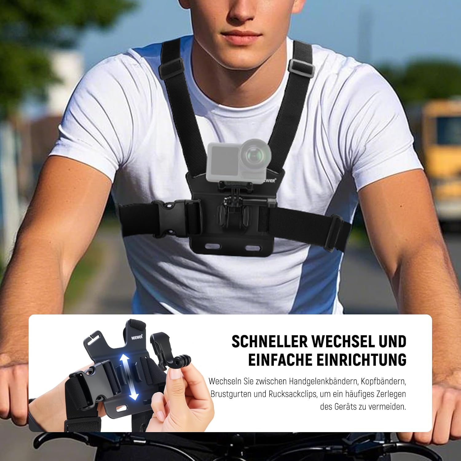 Thumbnail 2 de NEEWER Zubehör-Set für GoPro / Insta360 / DJI / AKASO: Schnellwechsel-Kopf-, Brust- & Handgelenkriemen (GP-75)