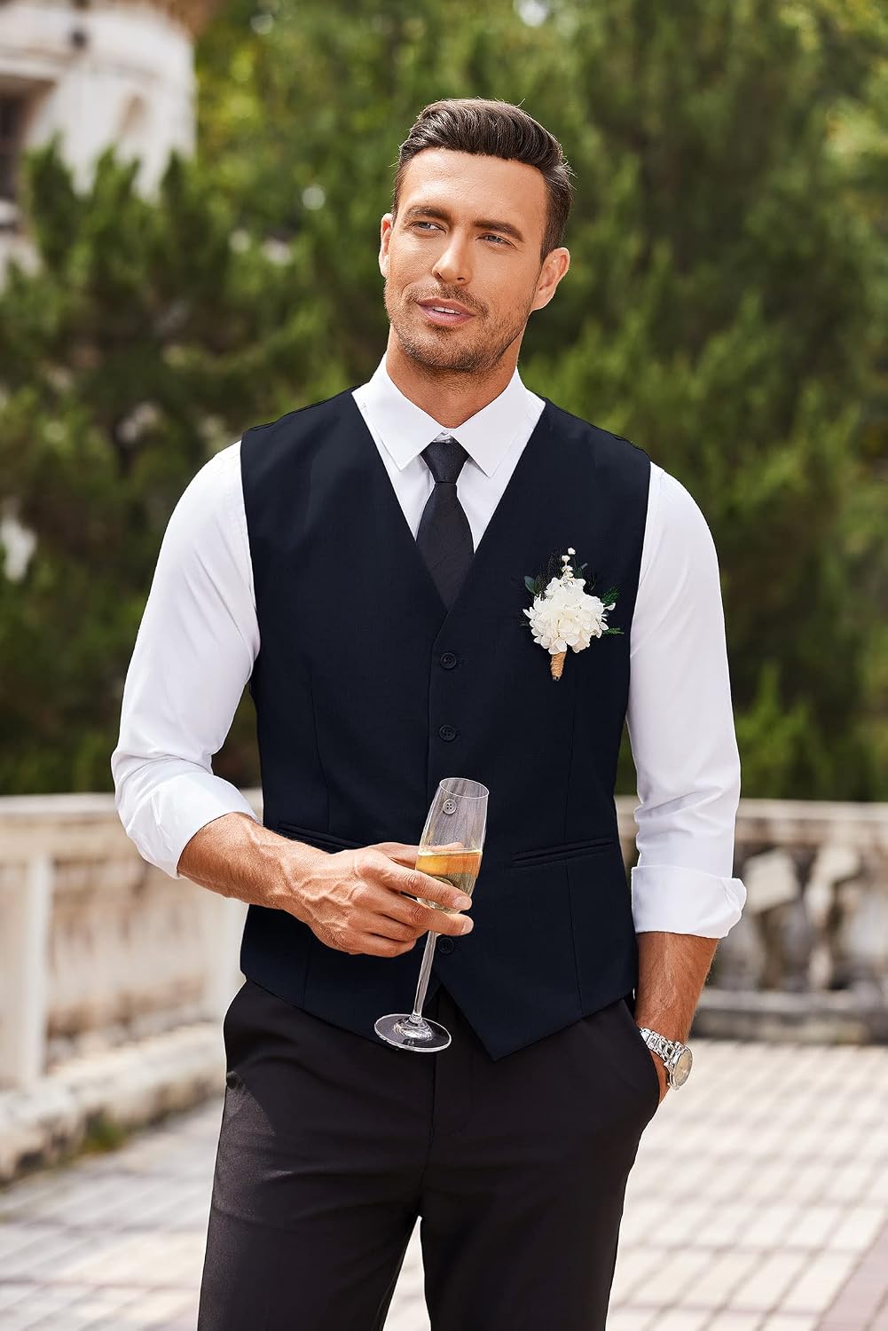 Detalle de COOFANDY Herren Anzugweste – Slim Fit mit V-Ausschnitt, formell & vielseitig