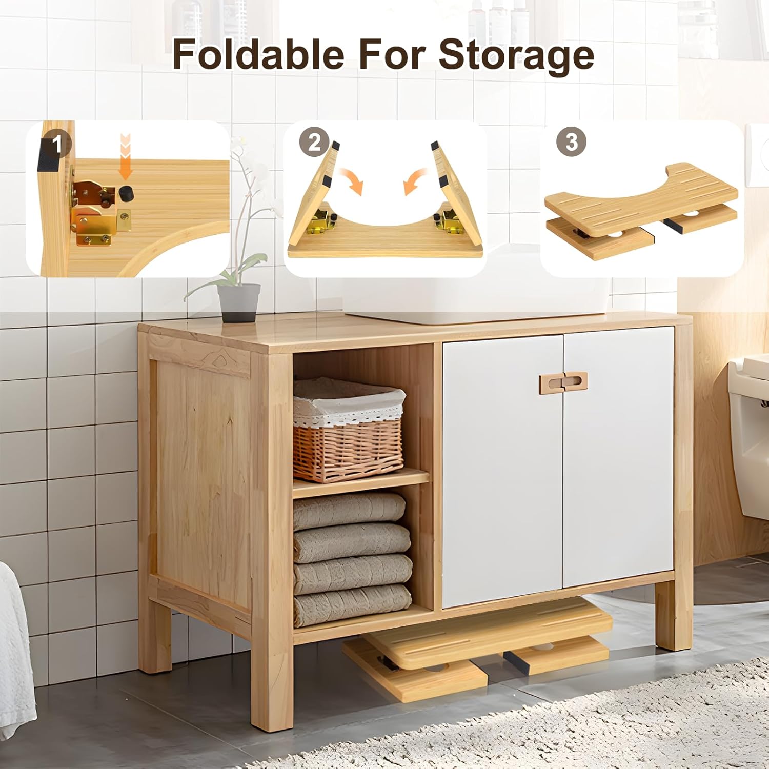 Thumbnail 4 de Tabouret de toilette en bois pliable QIANBAIYI — en bambou, pour adultes, 40,5 × 22 × 18 cm