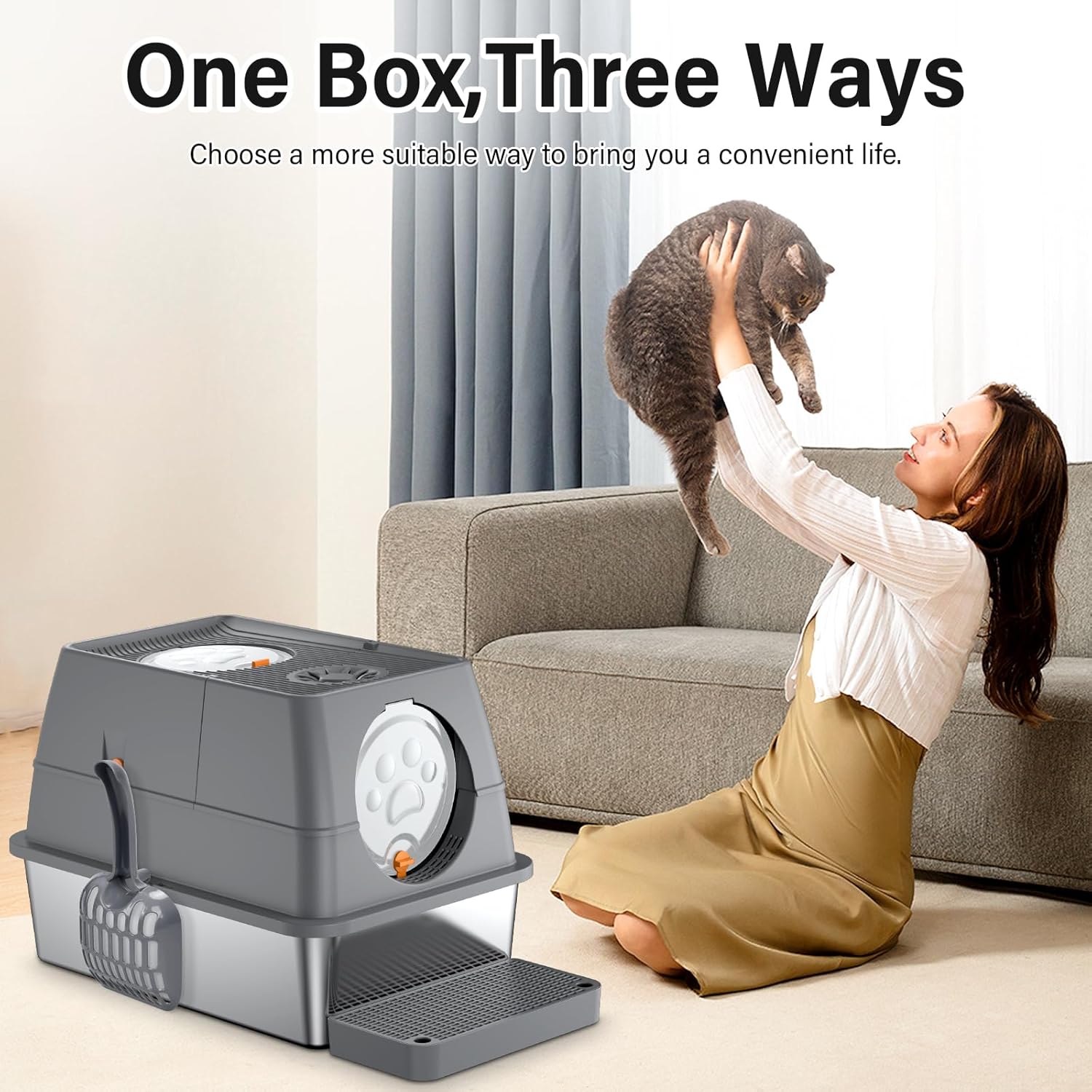 Thumbnail 6 de QEANY lettiera per gatti in acciaio inox XXL con coperchio 60 x 40 x 39 cm, grande e chiusa (con pala e tappetino)