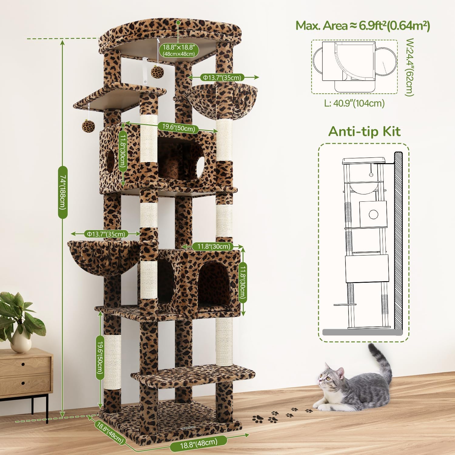 Thumbnail 6 de Globlazer S74 Leopard Cat Tree for Large Cats, 74-Inch, 7 Levels