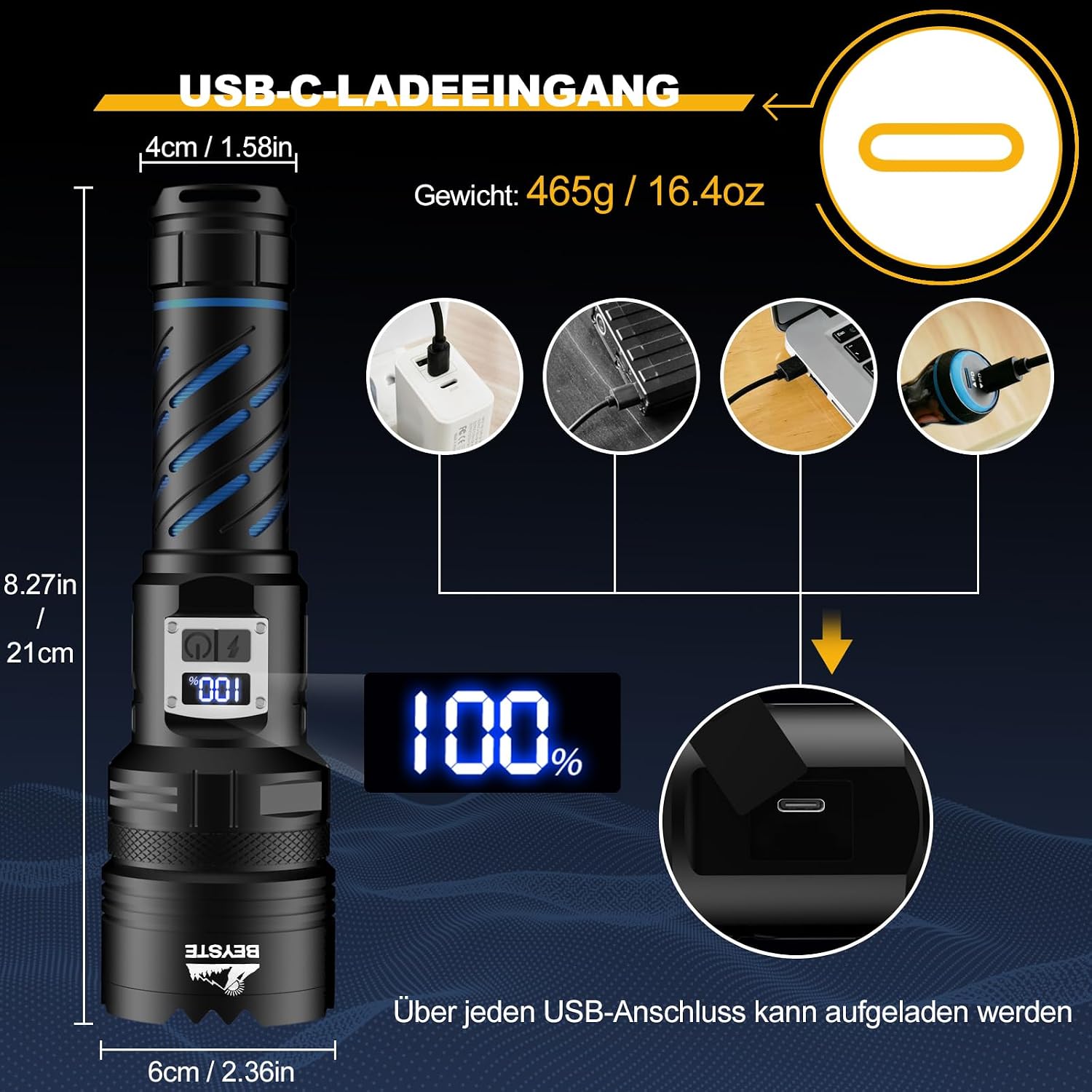 Detalle 1 de BEYSTE A10-DE – akumulatorowa latarka LED z aluminium, zoomem i LCD