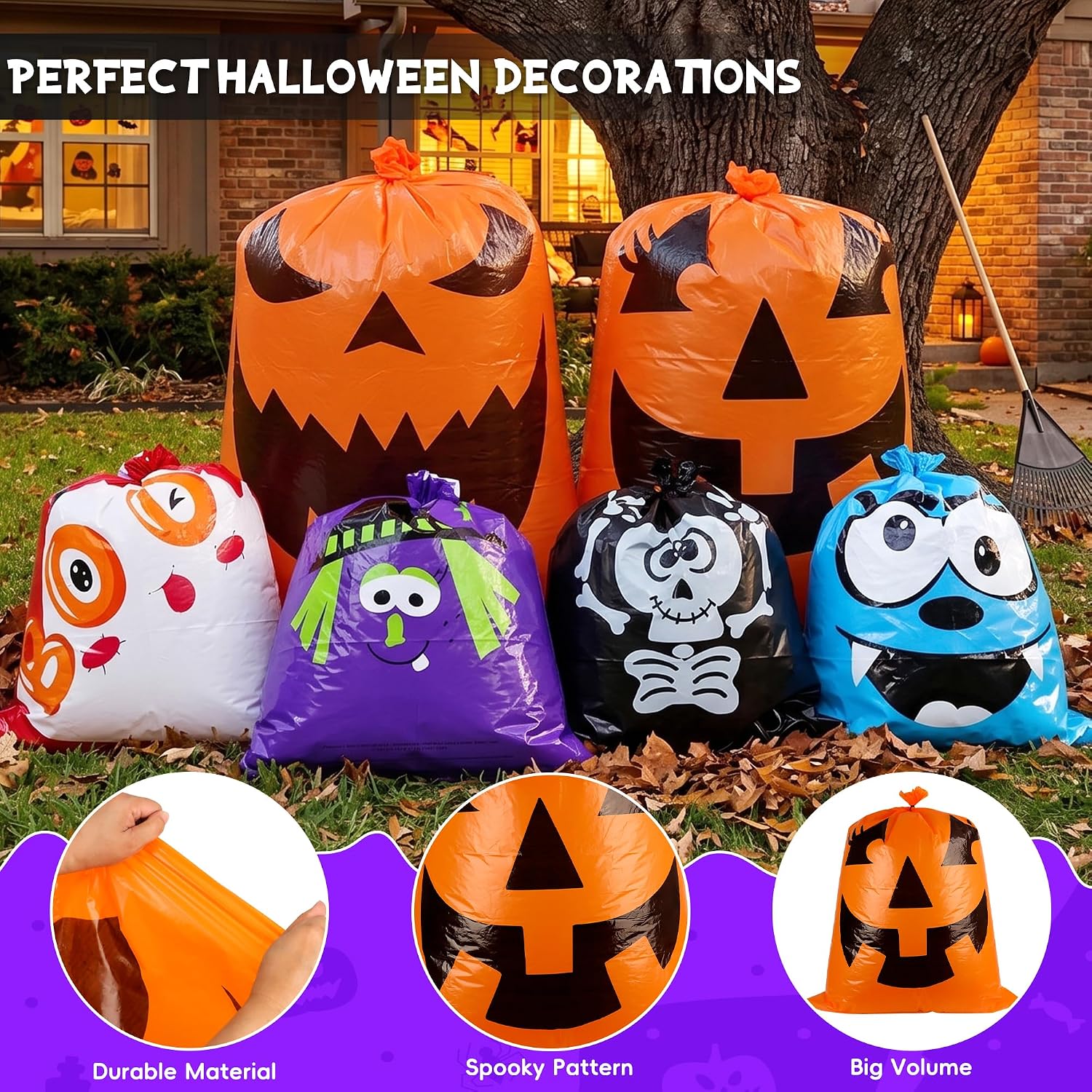 Detalle 2 de HOIIOH 12 Halloween Leaf Lawn Bags, Reusable Plastic, 2 Sizes