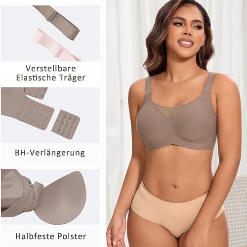 Detalle de Jiuday BH Damen Ohne Bügel – Push Up Soft Jelly Bralette mit Seitenträgern, Nahtloser T-Shirt-BH, Kaffee, Größe M