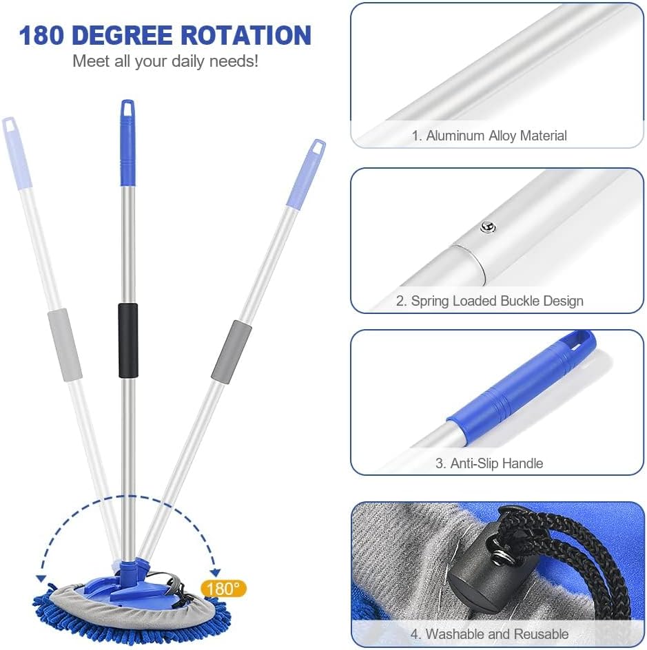 Detalle de URAQT Autowaschbürste Teleskop 160 cm – 3-in-1 Faltbar Multifunktion inklusive Moppköpfe und Mikrofasertücher