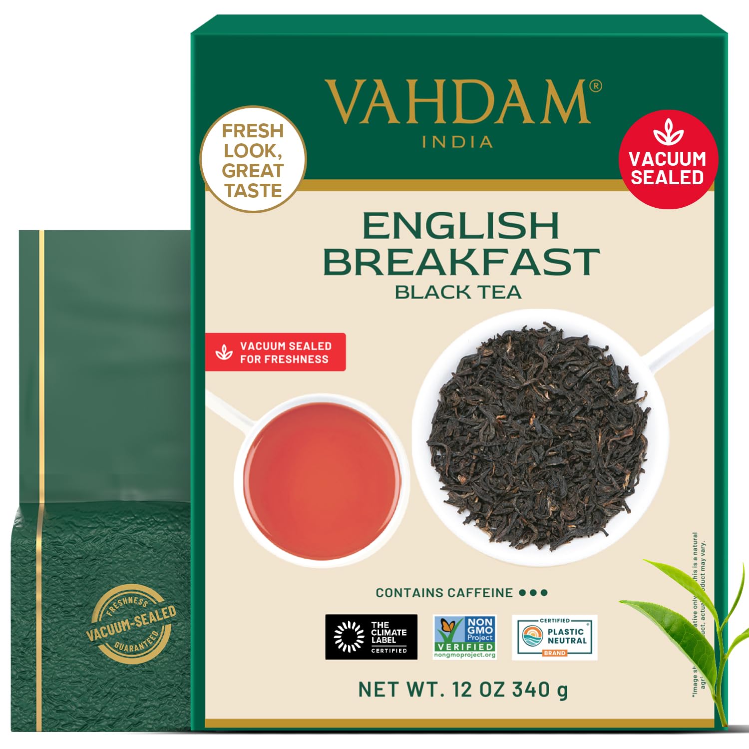 Detalle de VAHDAM English Breakfast Schwarztee lose (340 g) – kräftig, malzig und reichhaltig für heiße oder kalte Zubereitung