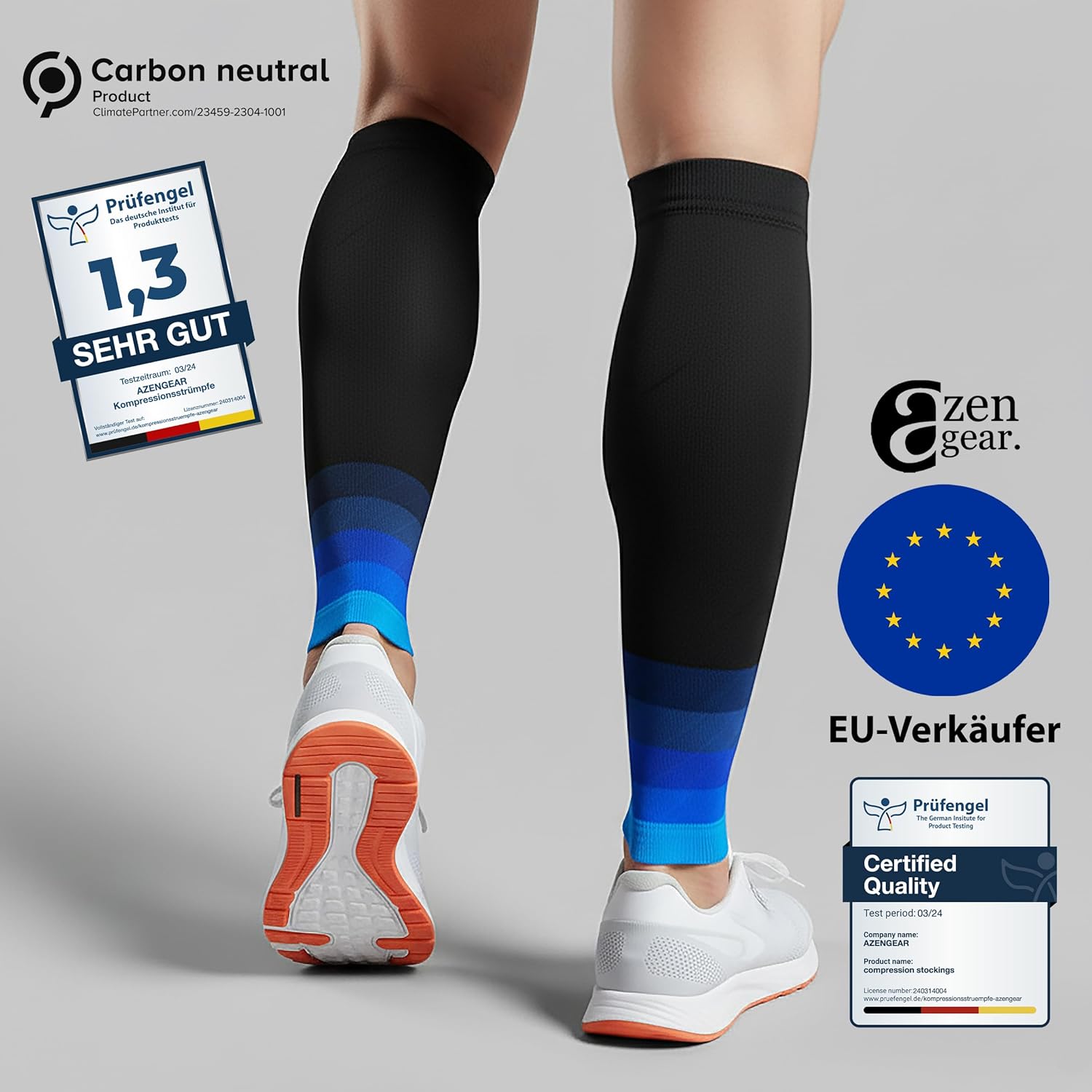 Thumbnail 2 de aZengear fasce a compressione per polpaccio 20-30 mmHg (L/XL) nero con blu