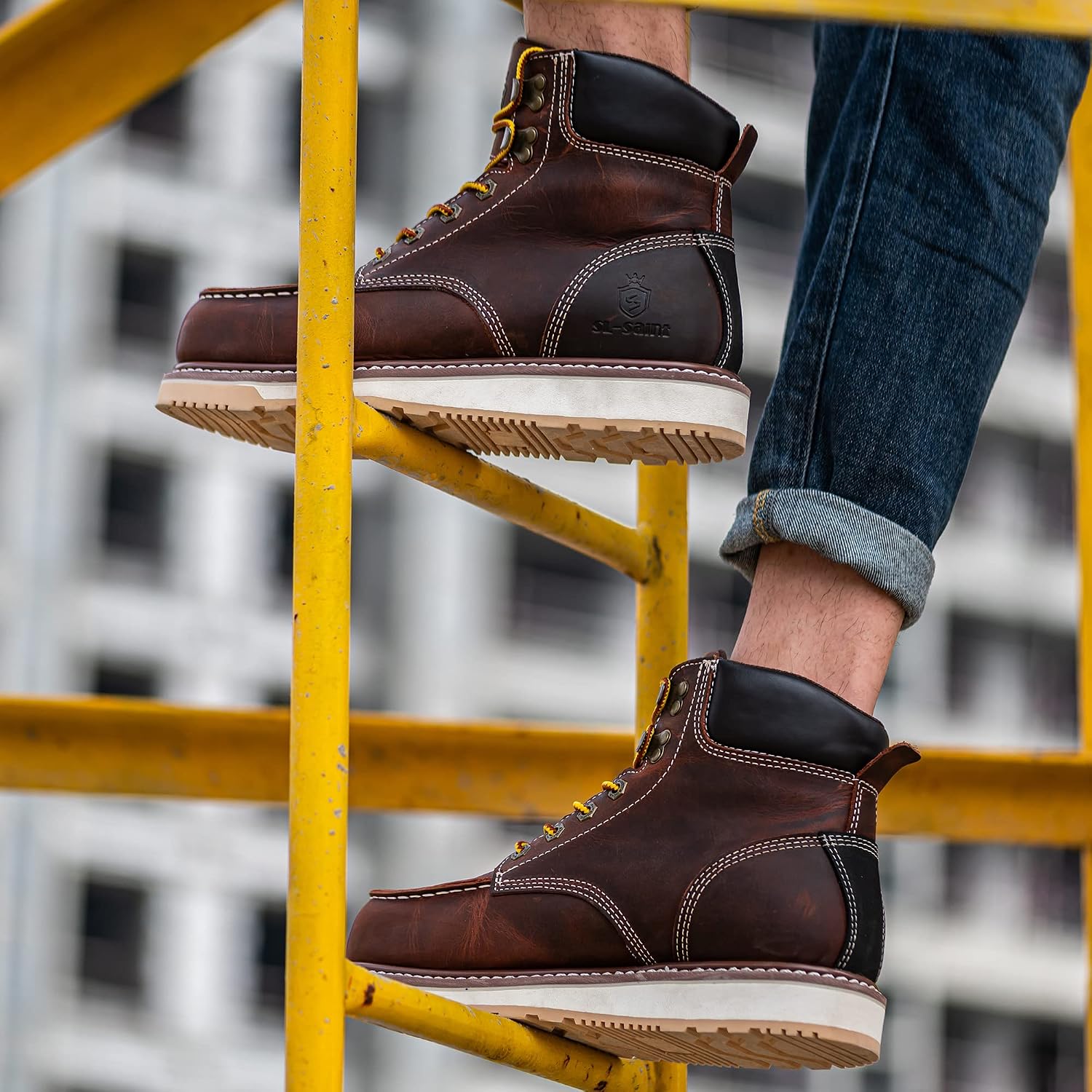 Detalle 2 de SL-Saint Bottes de travail imperméables Steel/Soft Moc Toe Classic Goodyear-welted 6'' pour hommes – Marron