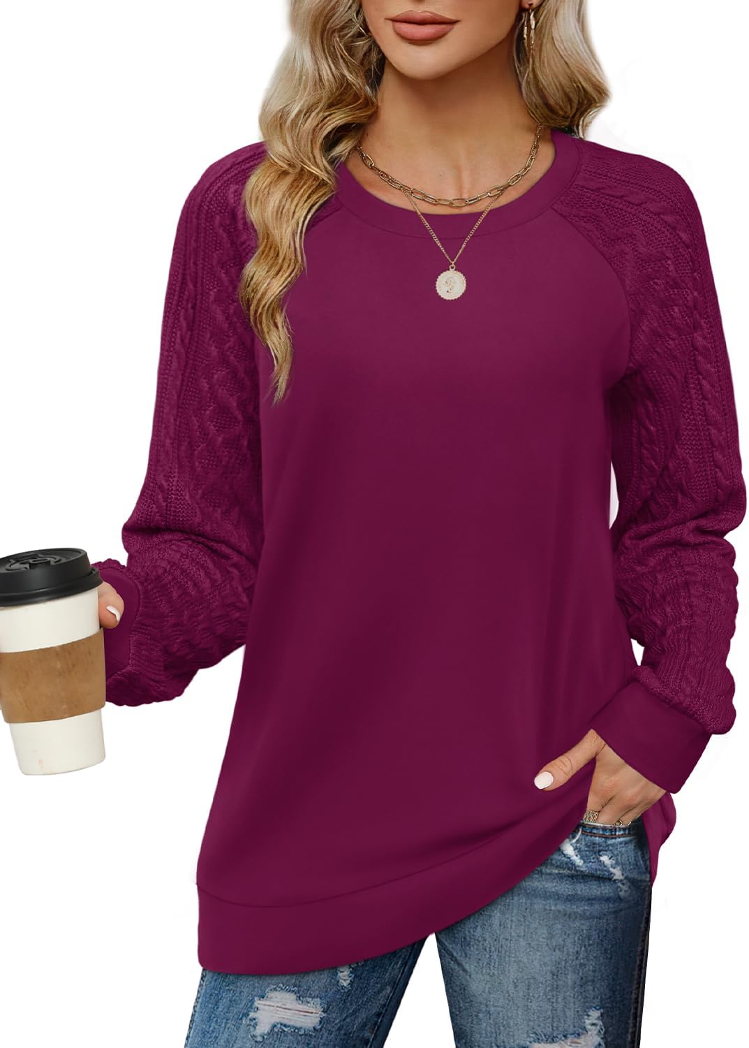 Detalle de Jescakoo Women's Fall Sweatshirt with Cable-Knit Sleeves, Lightweight and Soft