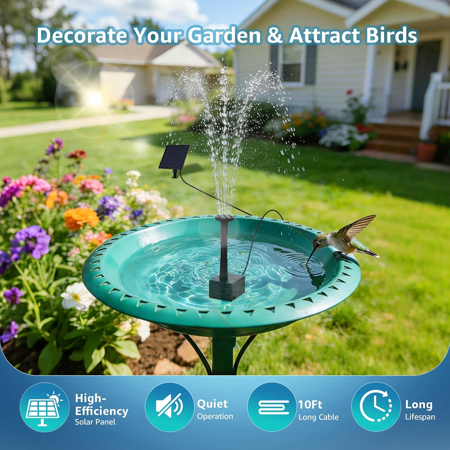 Detalle 2 de Solar Fountain Pump for Bird Bath (2.5W) – Low-Noise Solar Water Pump with 5 Spray Modes, 3m Cord & Dry-Run Protection