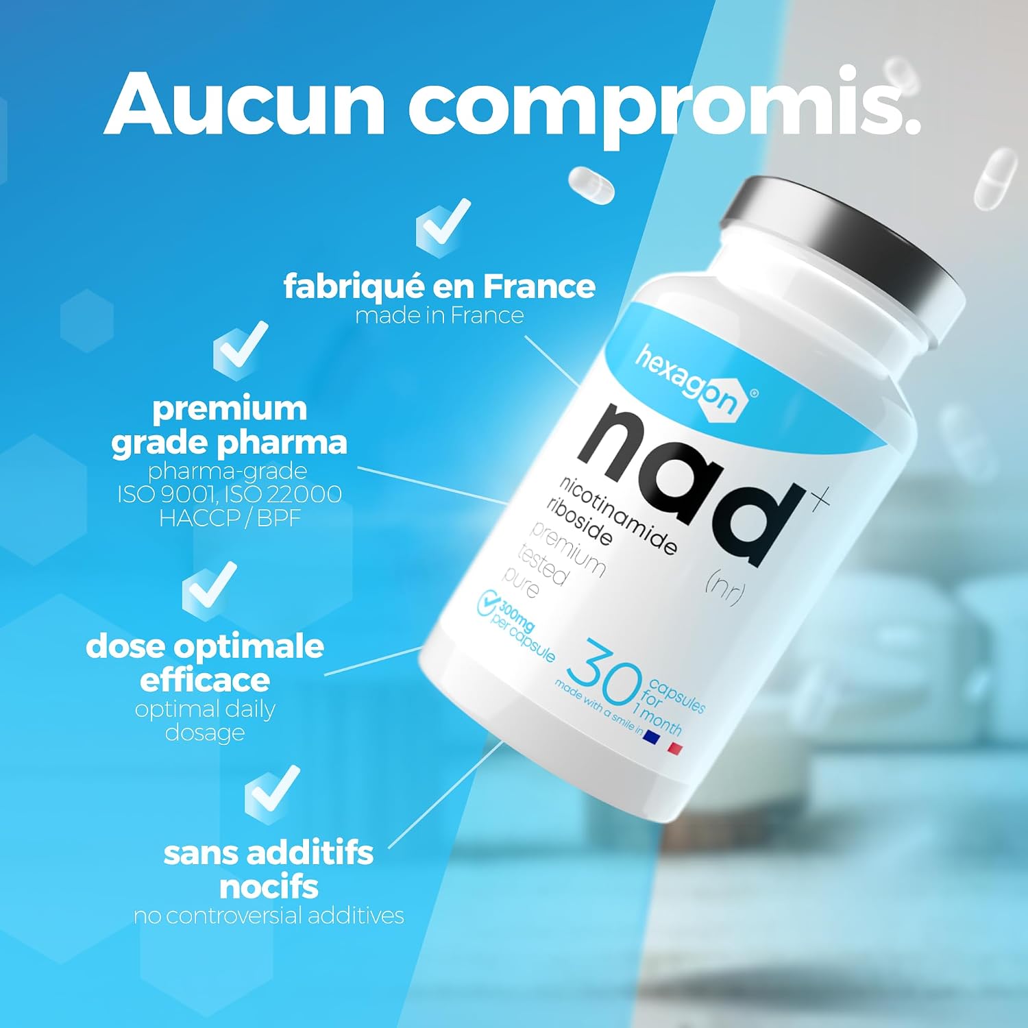 Thumbnail 3 de NAD+ Nicotinamide Riboside Chloride 300 mg – Cure d’un mois (30 gélules véganes) – Fabriqué en France