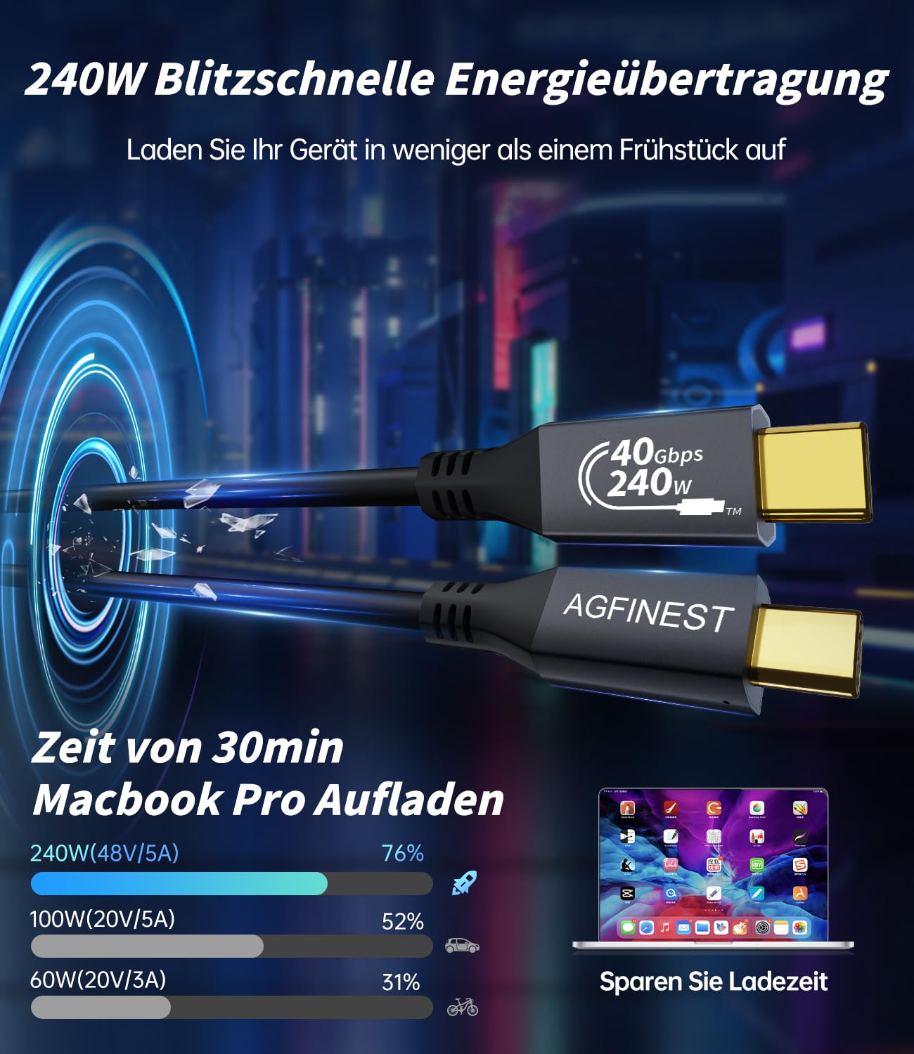 Thumbnail 3 de AGFINEST USB4 Kabel 240W – Thunderbolt 4 kompatibel, 8K/4K Video, PD 3.1 140–240W, 1 m