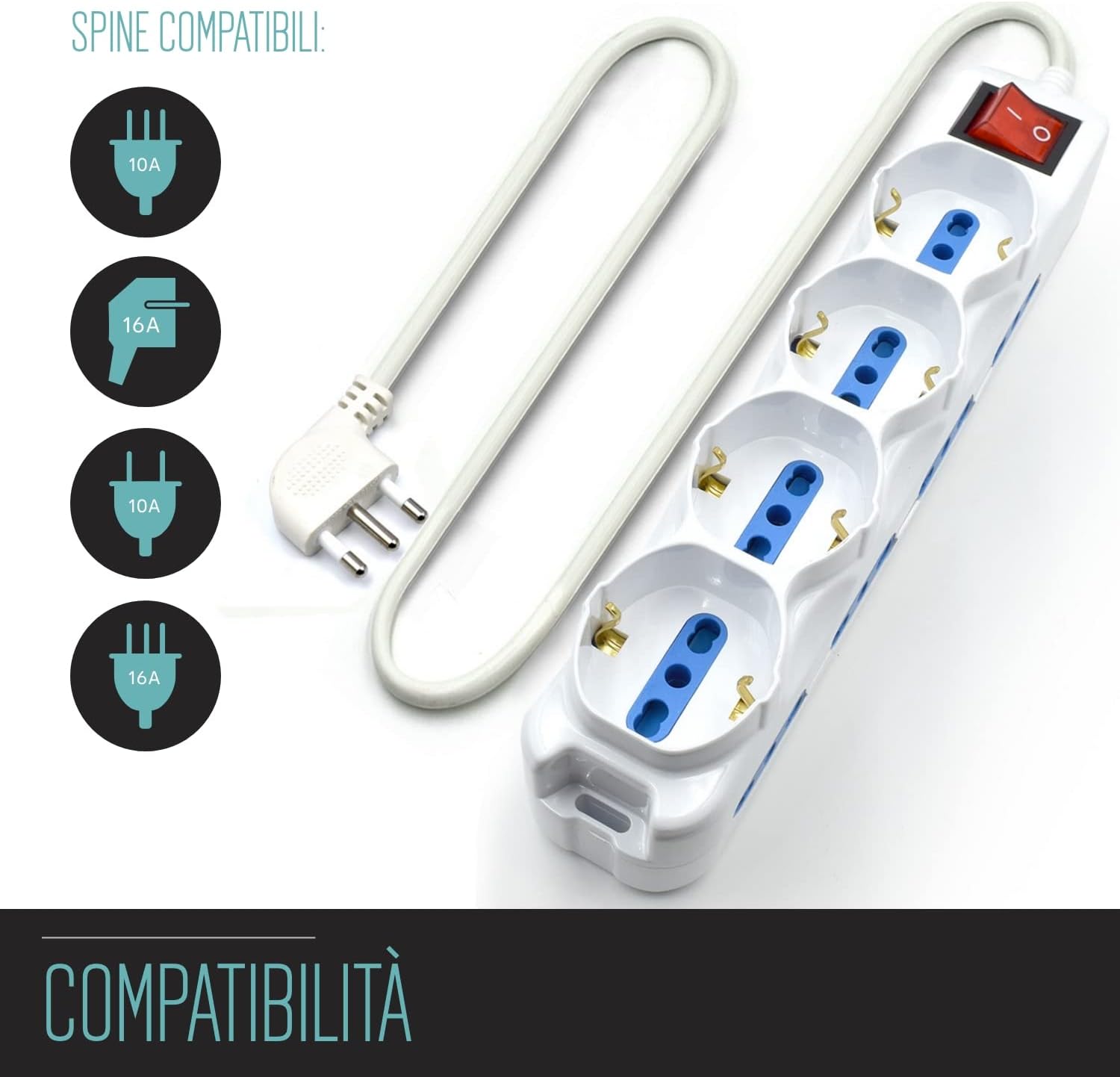 Thumbnail 1 de Multipresa 12 Posti Ciabatta Elettrica con 12 prese: 4 Schuko + 8 Italiane, spina 16A, cavo 3 m