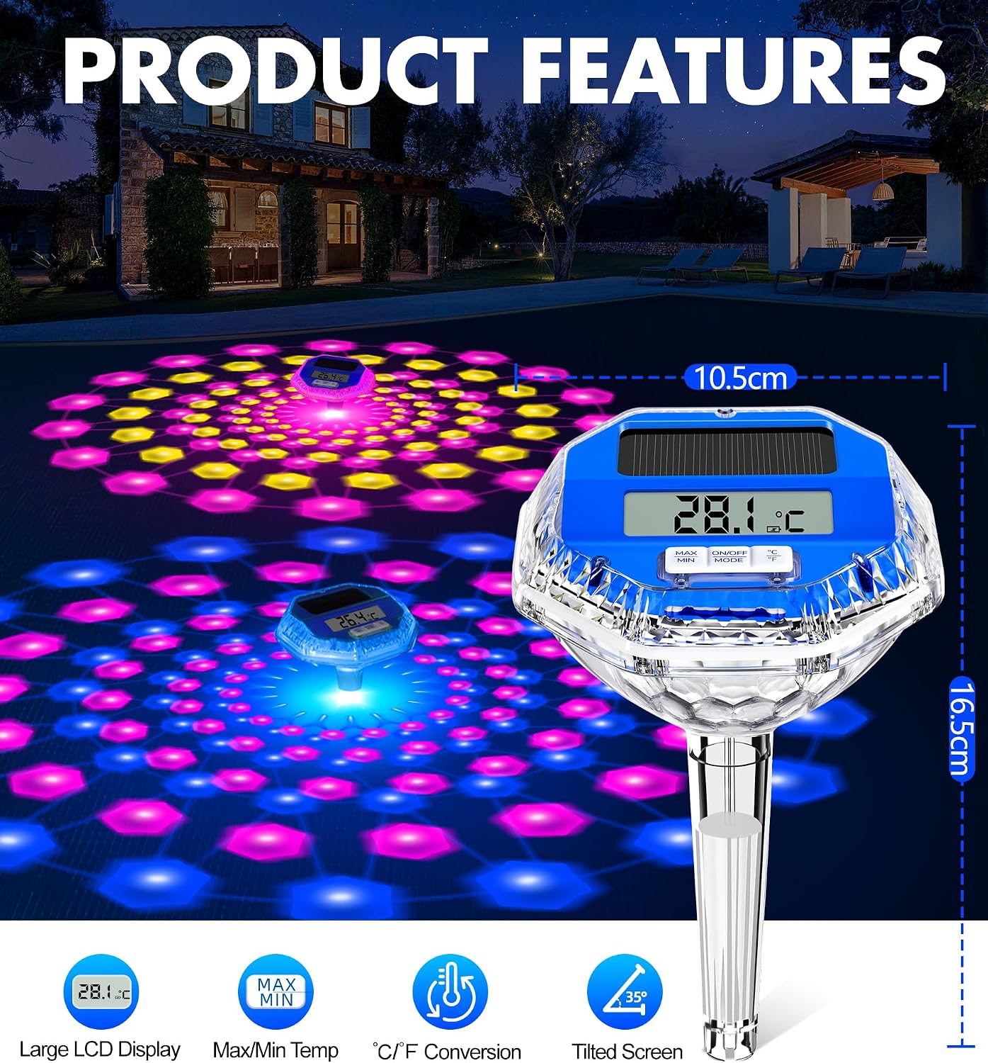Detalle de LuxBlue Termómetro Piscina Flotante con Espectáculo de Luz y Carga Solar