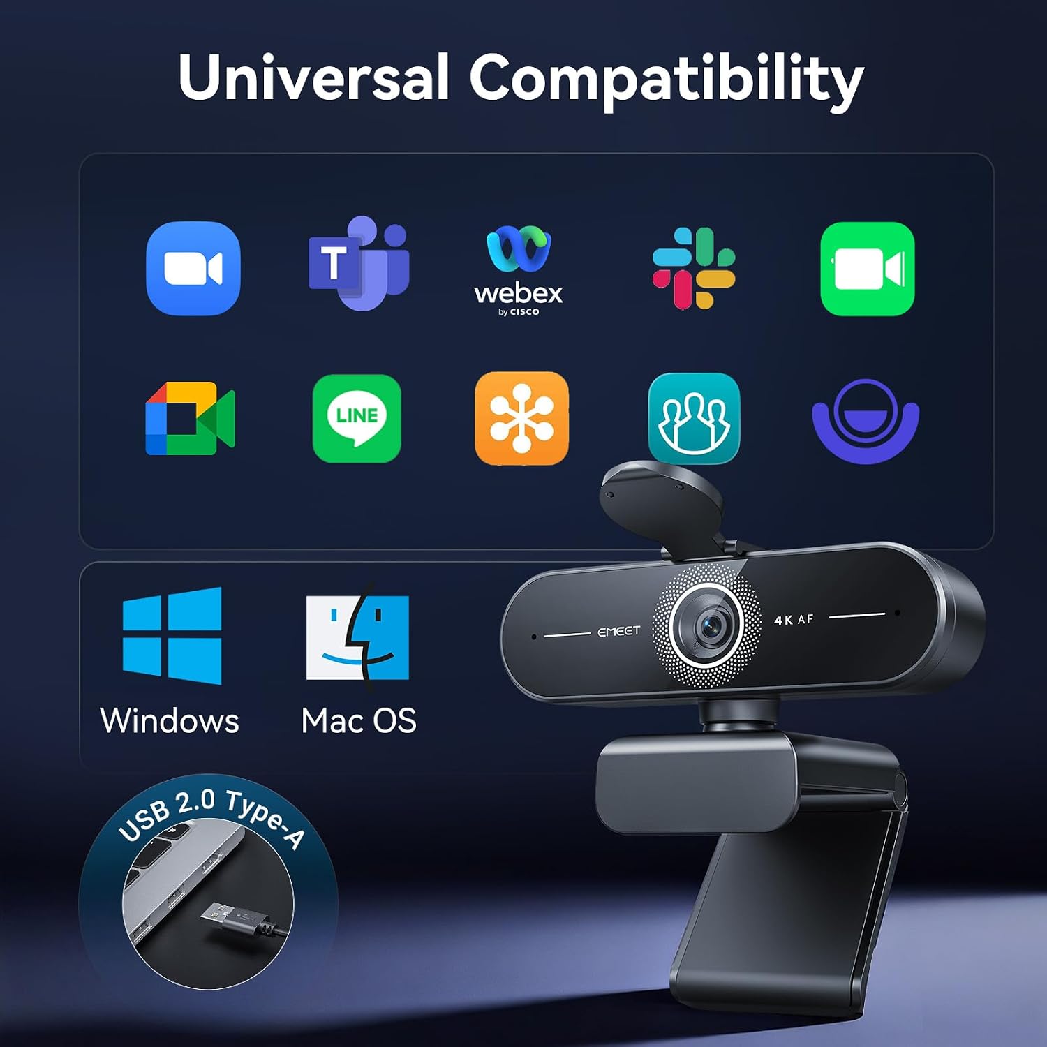 Detalle 1 de EMEET C60E 4K Webcam with PDAF Autofocus, Dual Mics and Light Correction