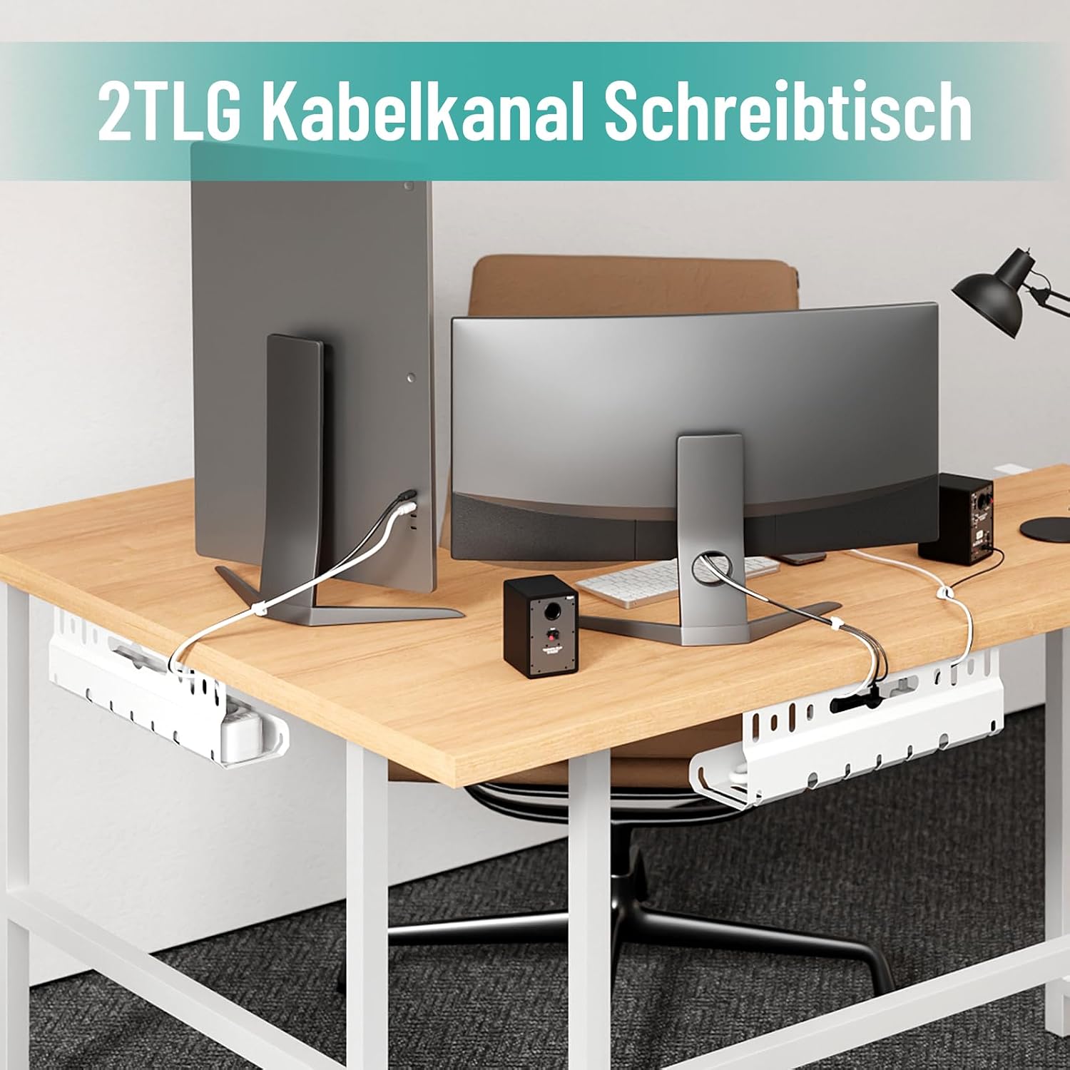 Detalle 2 de Kabelkanal für den Schreibtisch (ohne Bohren), 2er-Set in Weiß – Kabelmanagement zum Verlegen und Verdecken von Kabeln