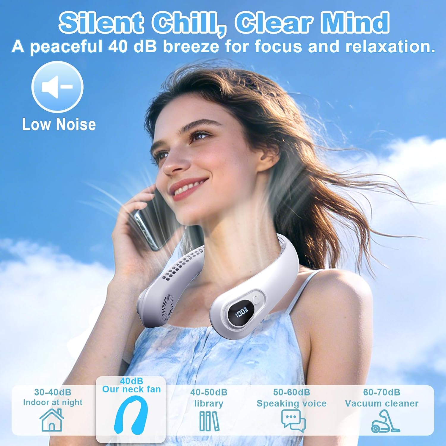 Thumbnail 5 de FYALLASO Portable Neck Fan Rechargeable with LED Display, 5 Speeds, 5000 mAh Bladeless Personal Cooler (Gray)