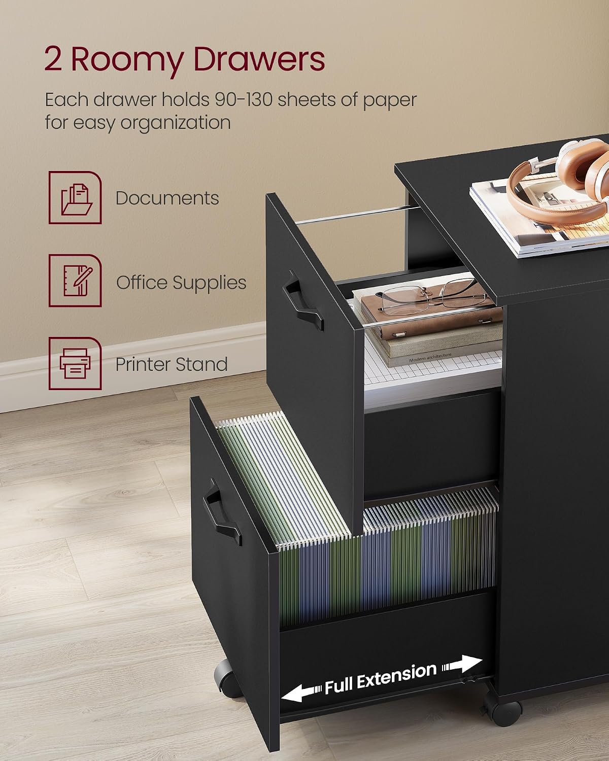 Detalle 2 de VASAGLE UOFC040B16 2-Drawer Rolling File Cabinet 15.7ร16.5ร27.6 in ๐