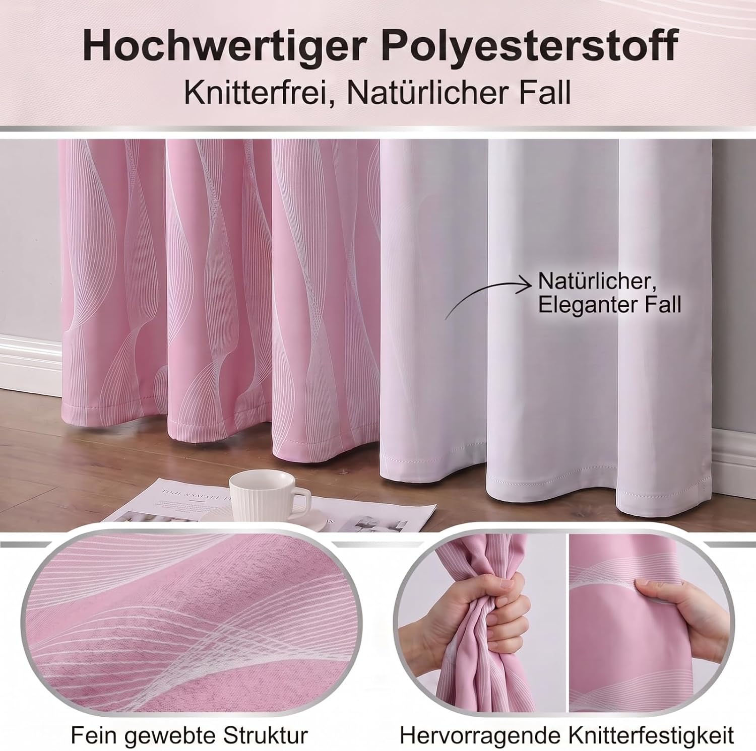 Detalle de Gazal Vole roze-witte ombregordijnen 132 × 244 cm met ringen