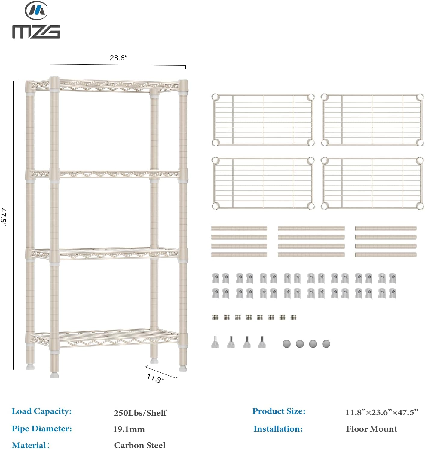 Detalle de M MZG 1000 lbs 4-Shelf Standing Storage Shelves — Heavy Duty Wire Rack
