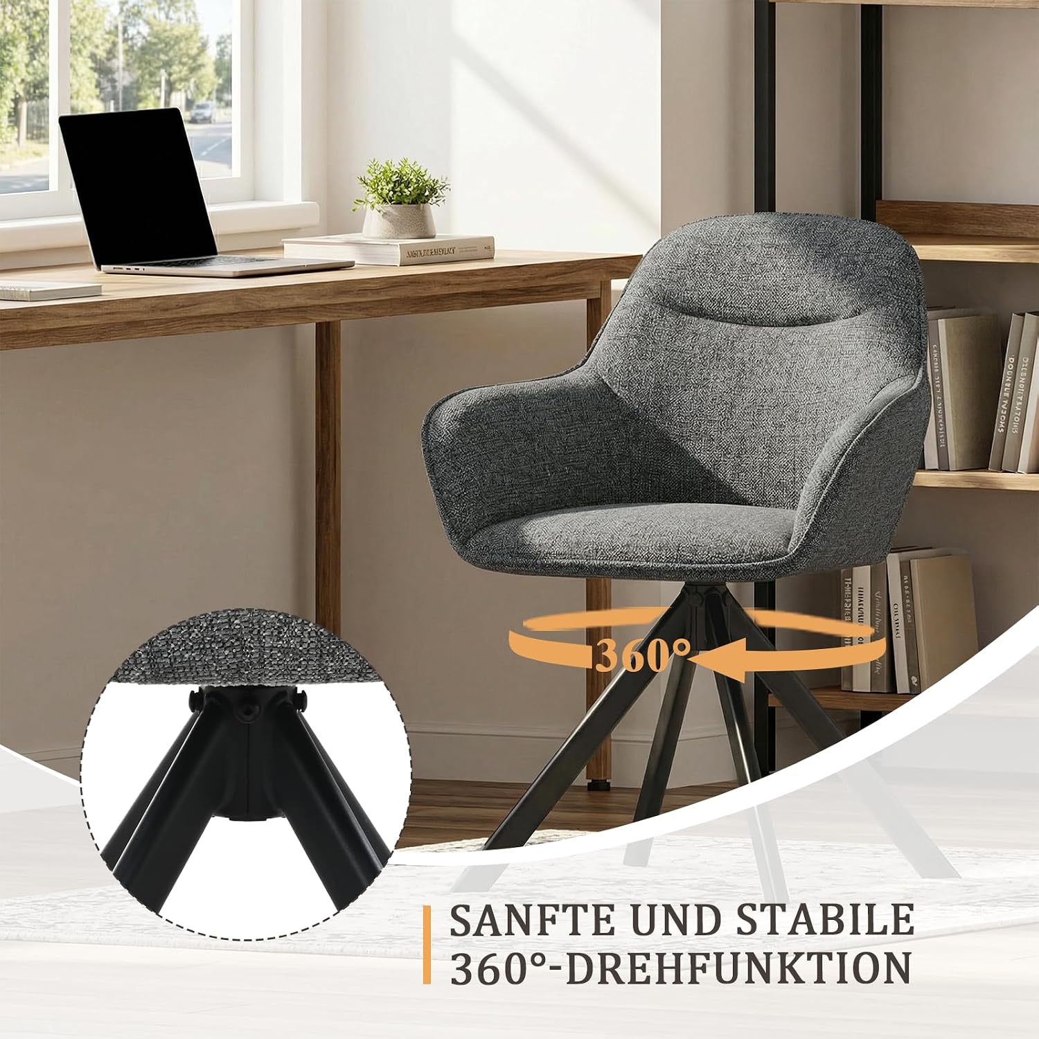 Thumbnail 4 de Goeurvant Drehbare Esszimmerstühle 2er Set – Armlehnen, 360° Drehung, Chenille-Bezug, Grau