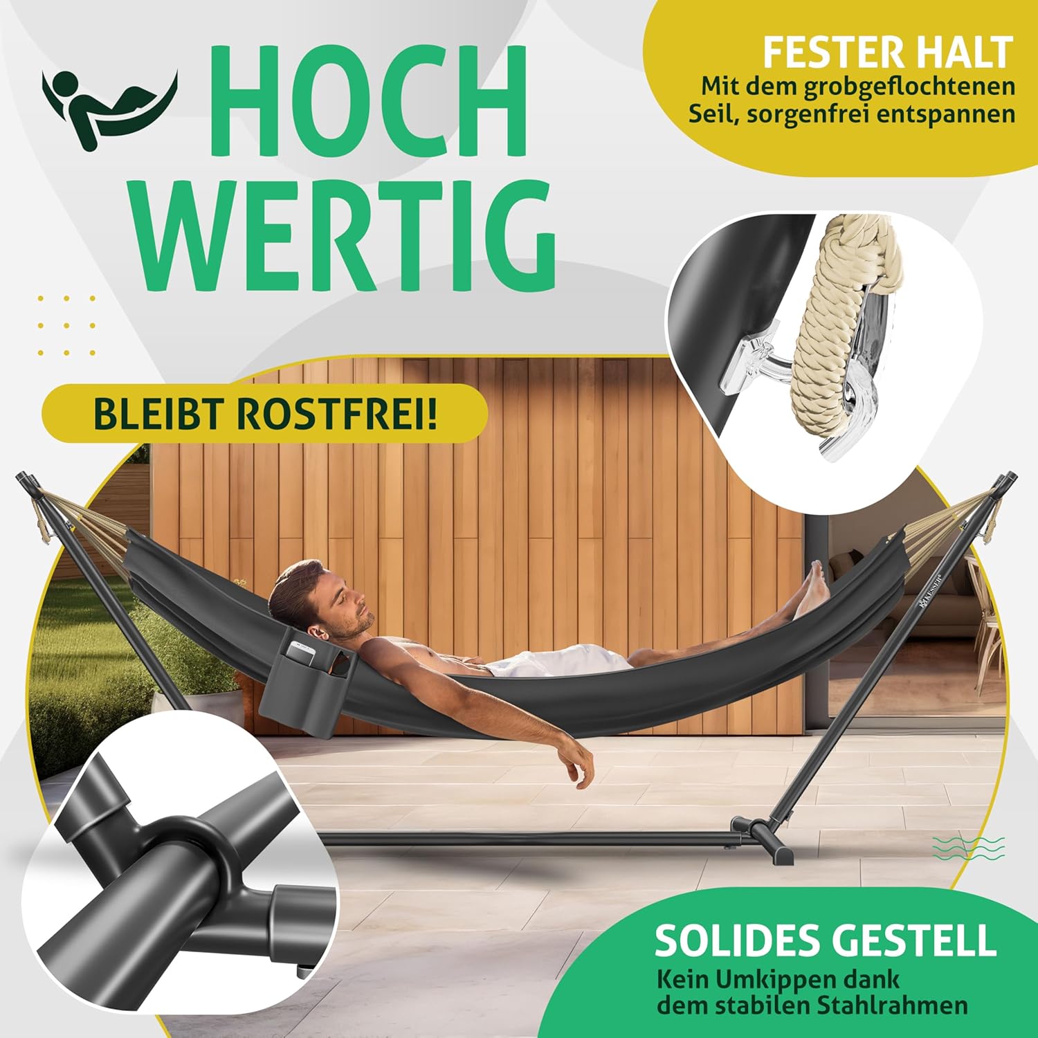 Thumbnail 3 de KESSER Hängematte Lake mit Gestell (Doppel) – XXL Hängesessel für 2 Personen, bis 200 kg, Anthrazit