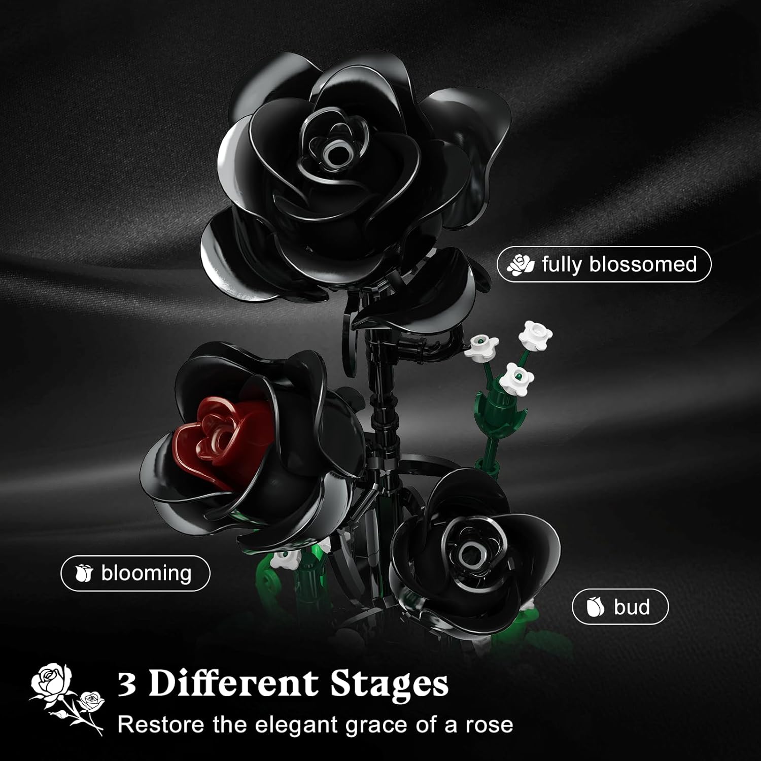 Detalle de HiWEEGO Flower Building Set with LED Light - 232 PCS Black Rose Kit