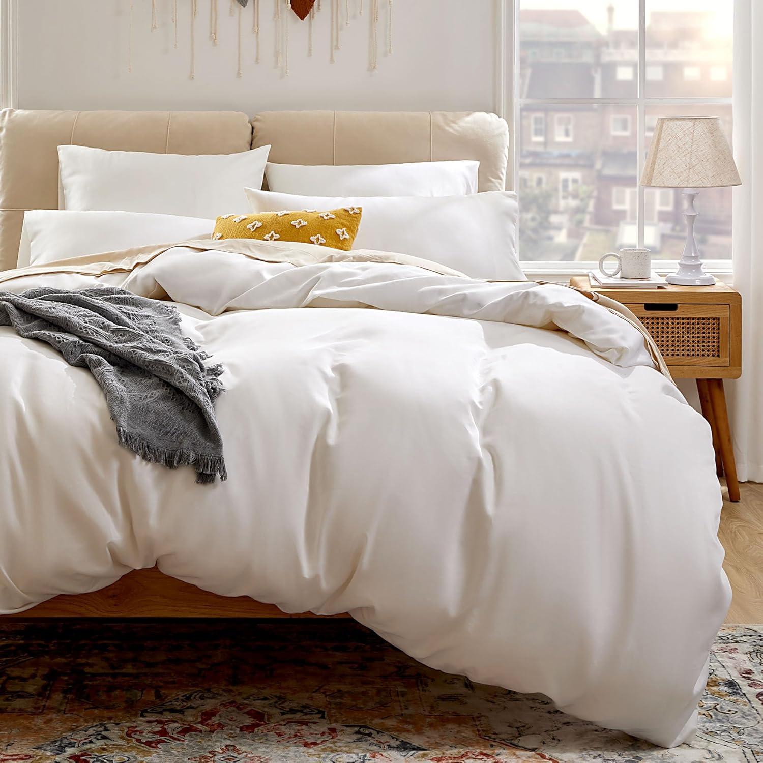 Thumbnail 1 de Ensemble housse de couette Sonive en satin de coton (400 fils) 155 x 220 cm, 2 taies 80 x 80 cm – Blanc