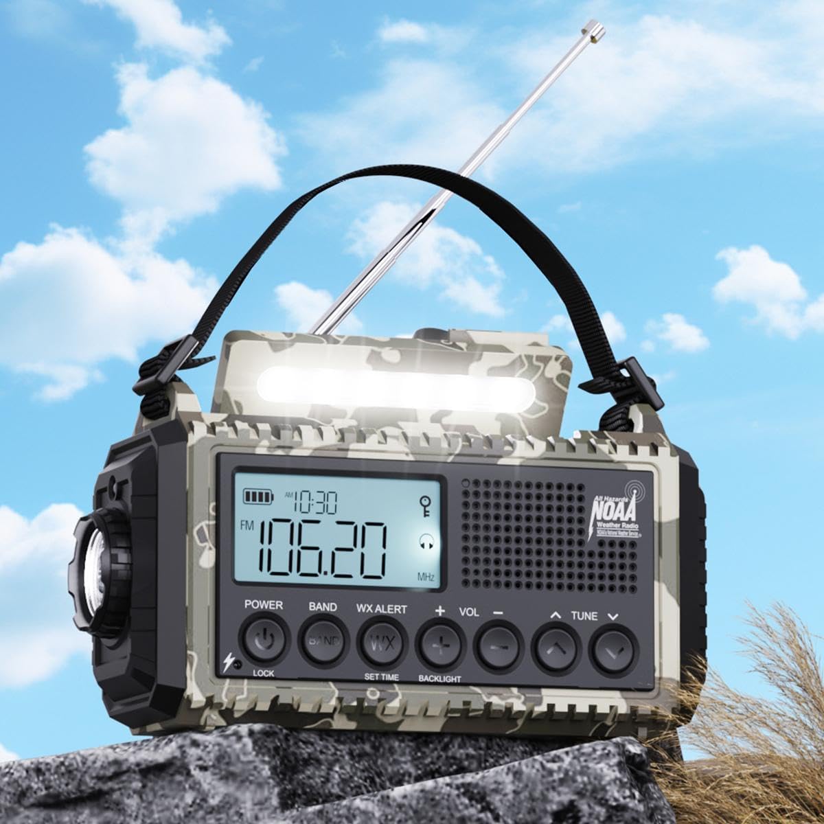 Detalle de ROCAM 1009UItra zwengelradio met 12.000 mAh, AM/FM/SW en noodverlichting