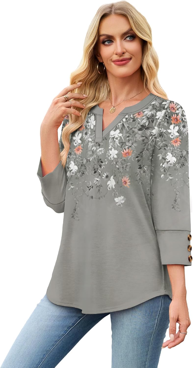Detalle 2 de WIHOLL 3/4 Sleeve V-Neck Top with Button Cuffs for Dressy Casual Office & Everyday Wear