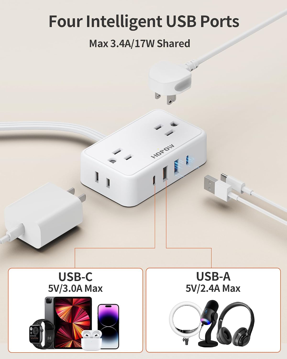 Detalle 1 de HOPOW QT460-CU Power Strip with Flat Plug, 6 ft Cord and 4 AC + 4 USB Ports