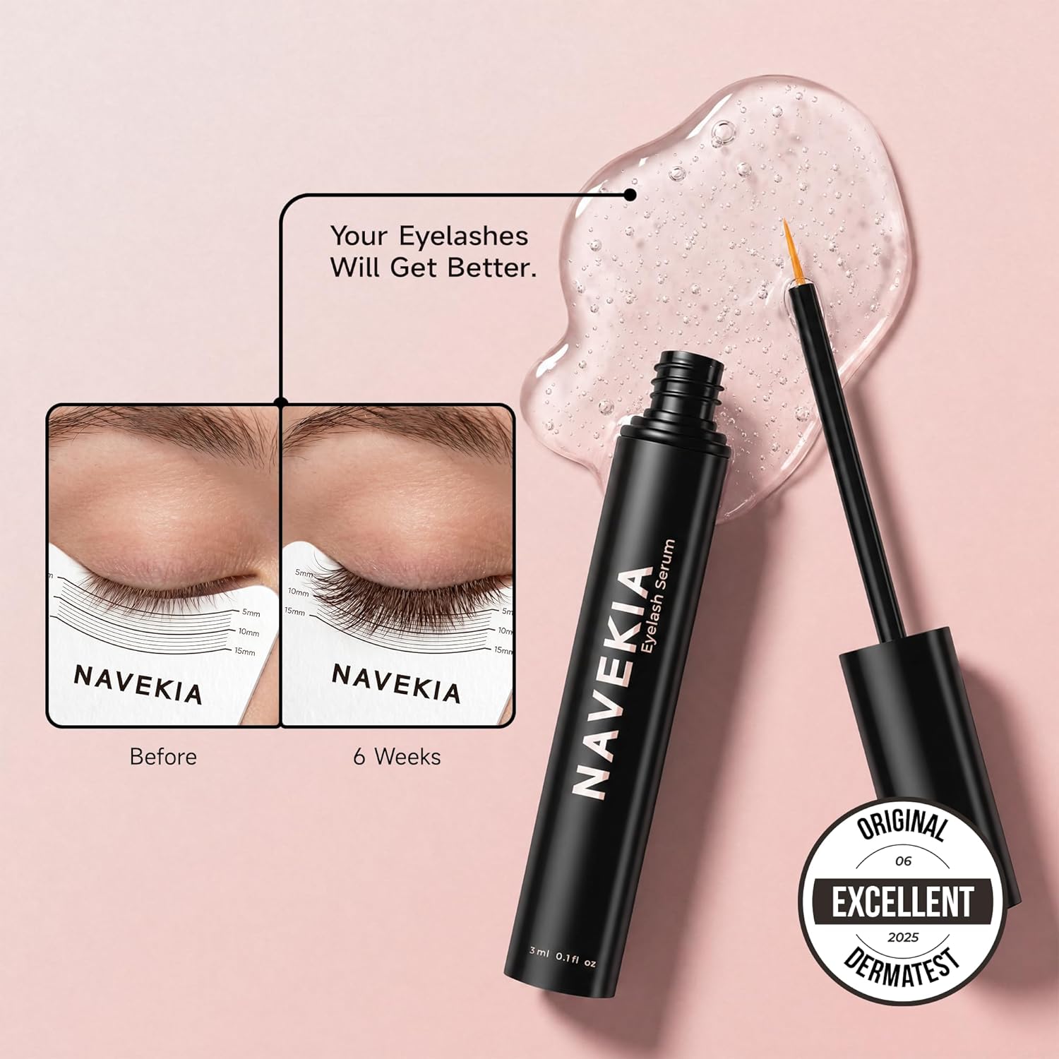 Detalle 2 de Navekia Premium Wimpernserum 2026 – 3 ml, 2 Schlüsselpeptide + Bioenzym, vegan & tierversuchsfrei