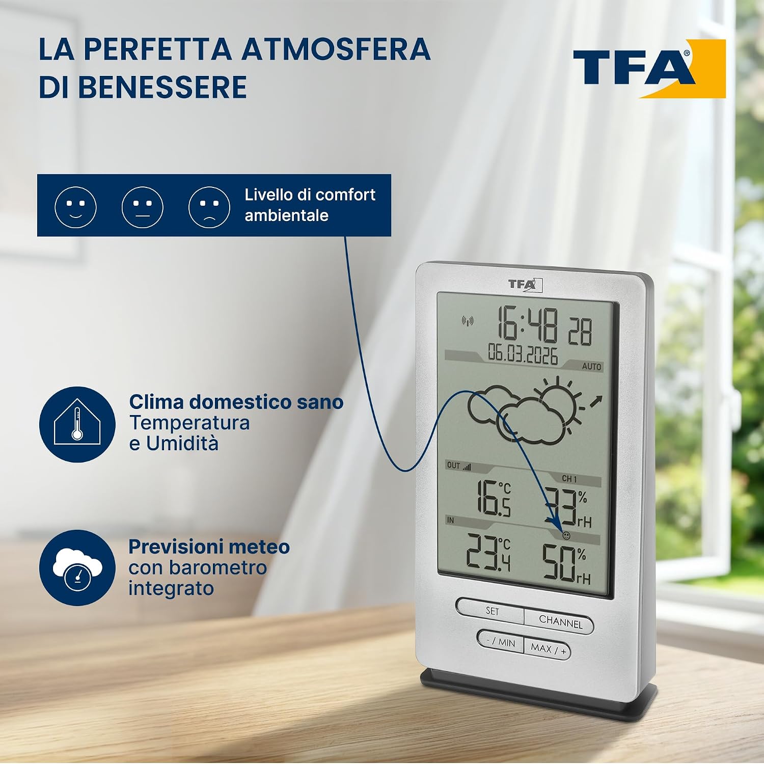 Detalle de TFA Dostmann stazione meteo con sensore esterno Xena 35.1162.54 — previsione, clima interno ed esterno, radio controllata