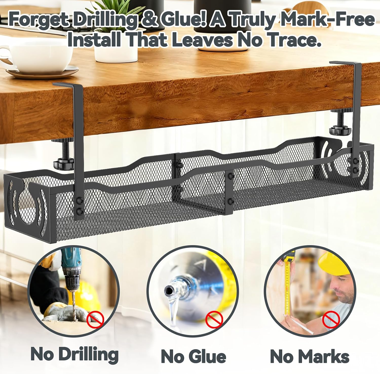 Detalle de Cable Management 25.3'' Under Desk Tray — No Drill, Metal Cord Organizer with Clamp