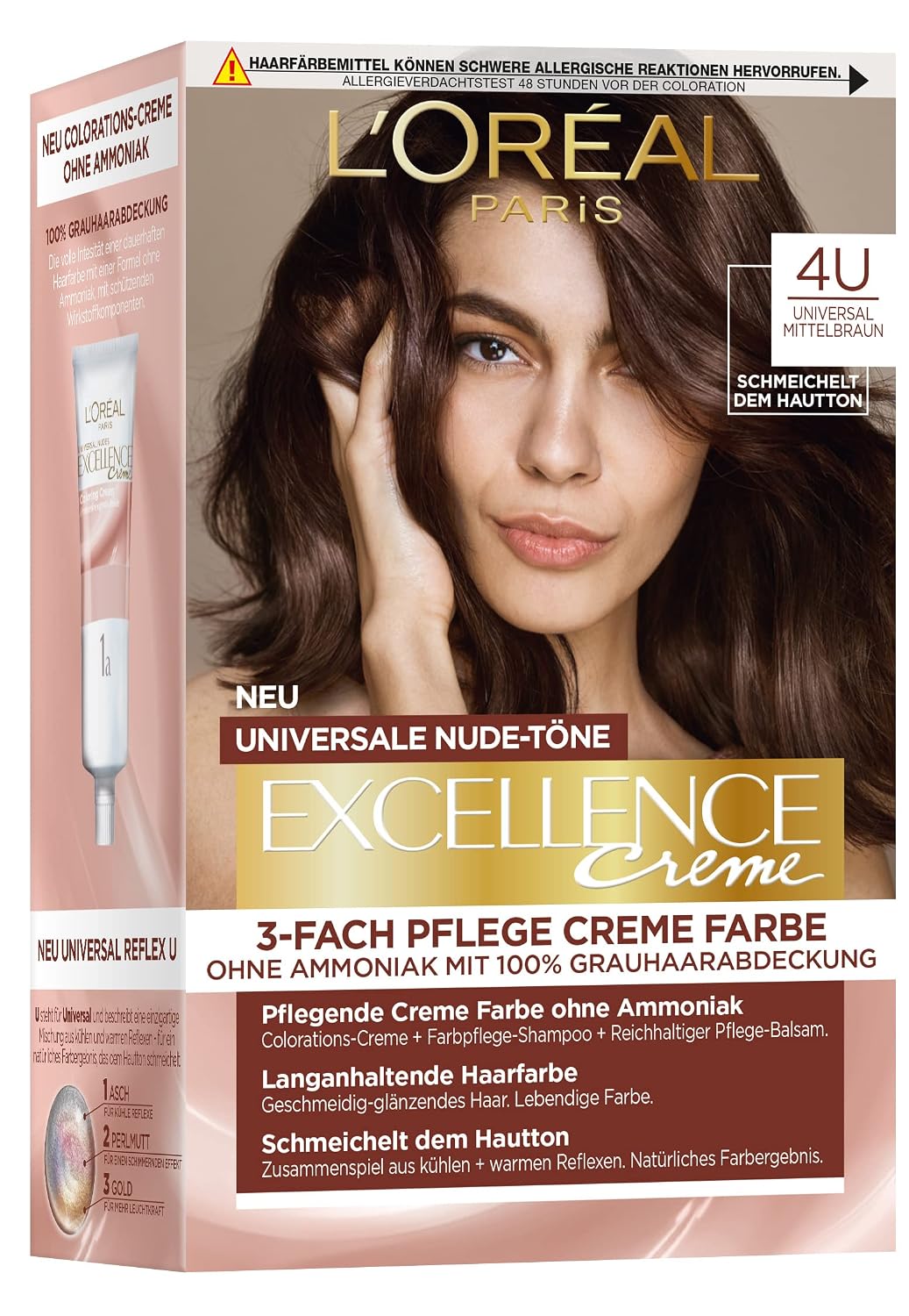Detalle de L'Oréal Paris Excellence Creme Permanente Haarfarbe ohne Ammoniak, Nr. 4U Mittelbraun (Universal Nudes), 1 Stück