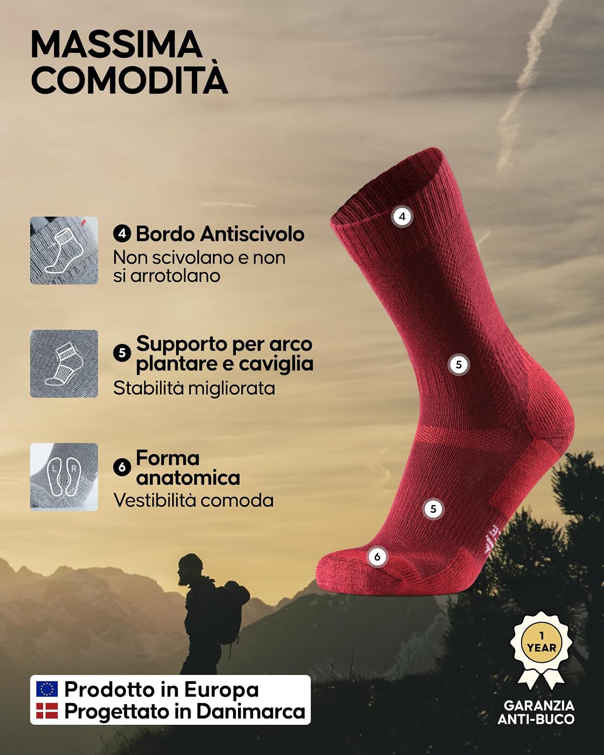 Detalle de Danish Endurance calze trekking in lana merino anti-vesciche (uomo, donna, bambino) da 3 o 5 paia