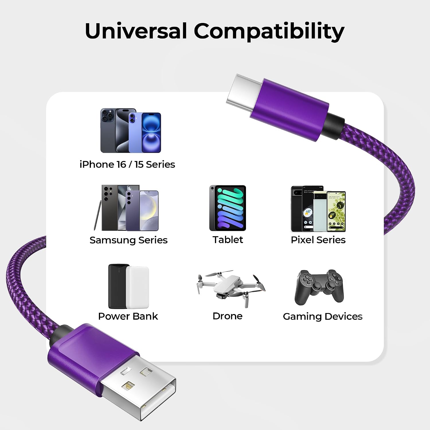 Thumbnail 6 de Basesailor NLUSBATOCC USB-A to USB-C Cable 2-Pack, Purple, 10 ft