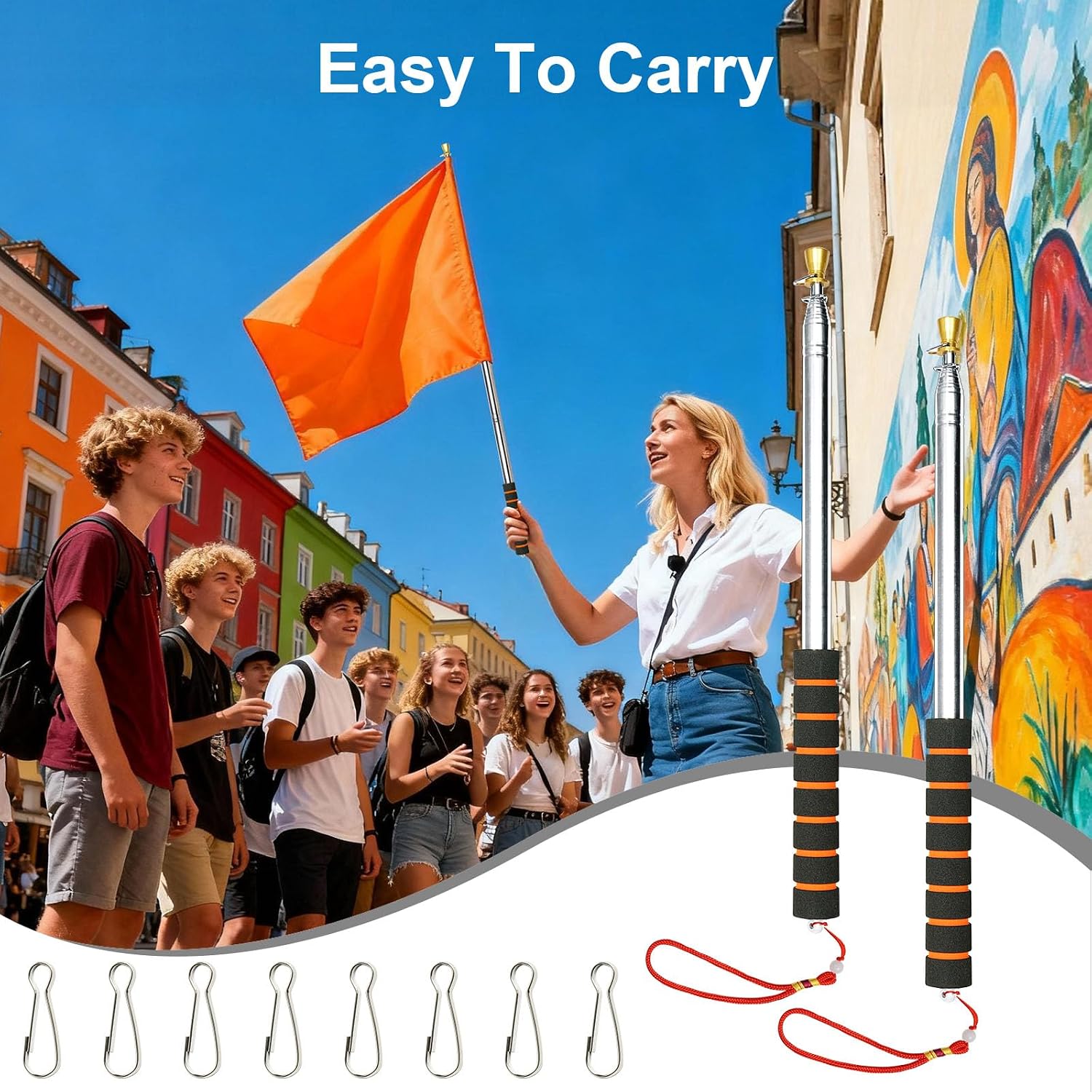 Detalle de APXEL 9.8ft (300cm) telescopic handheld flag pole set with clips for tour guides and teaching
