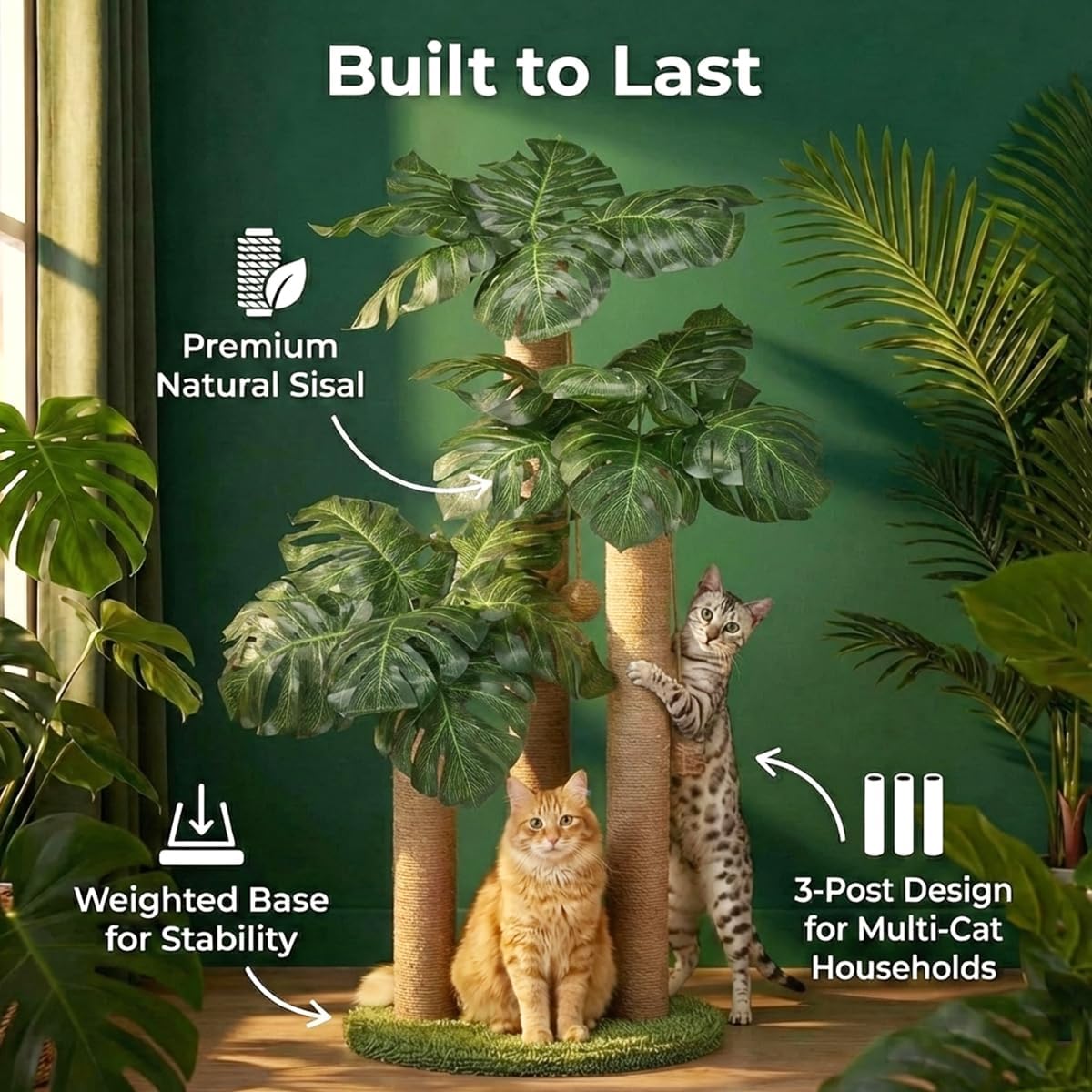 Detalle 2 de 31.5-Inch Cat Scratching Post with 3 Scratching Poles and 2 Interactive Balls (Monstera Tree)