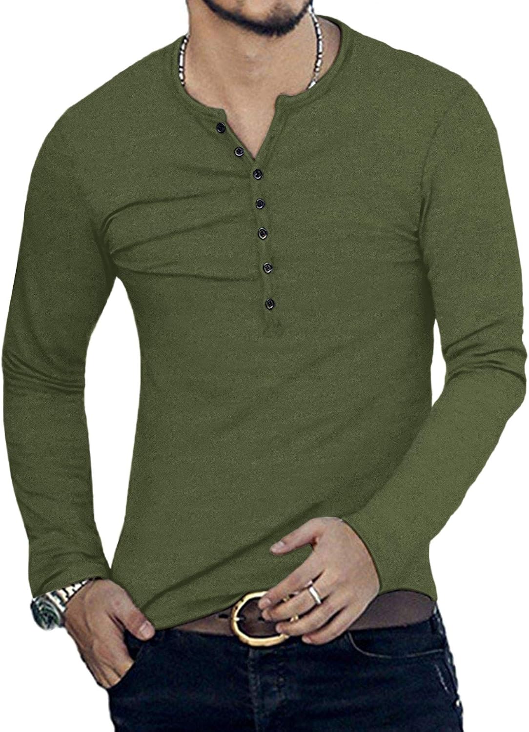 Detalle de KUYIGO Mens Cotton Slim Fit Henley Shirt with 7-Button Long Sleeve