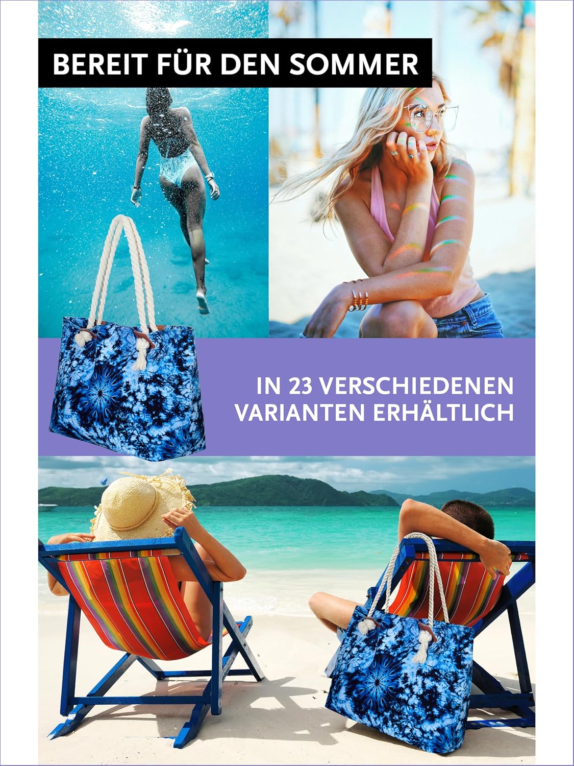 Detalle de DonDon Strandtasche XXL mit Reißverschluss – Umhängetasche & Shopper im Beach-Look