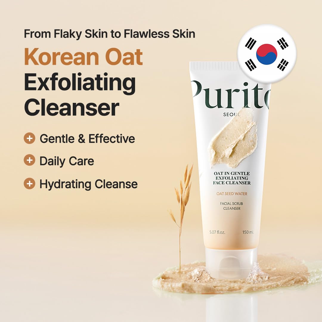 Detalle de PURITO Korean Oat Exfoliating Facial Polish – Sanftes, feuchtigkeitsspendendes Peeling-Reiniger für alle Hauttypen (150 ml)