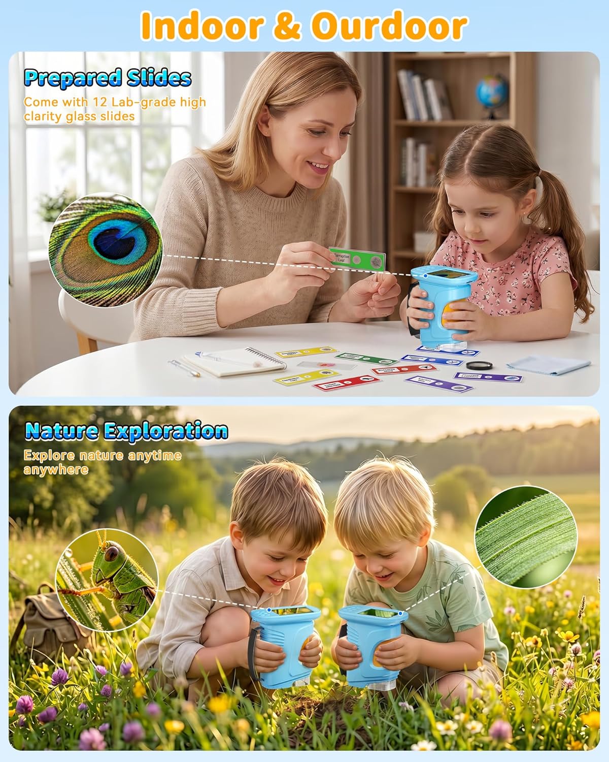 Detalle de Kids Borescope 1000X Handheld Microscope for Kids with 2.4-Inch IPS Screen and 12 Slides